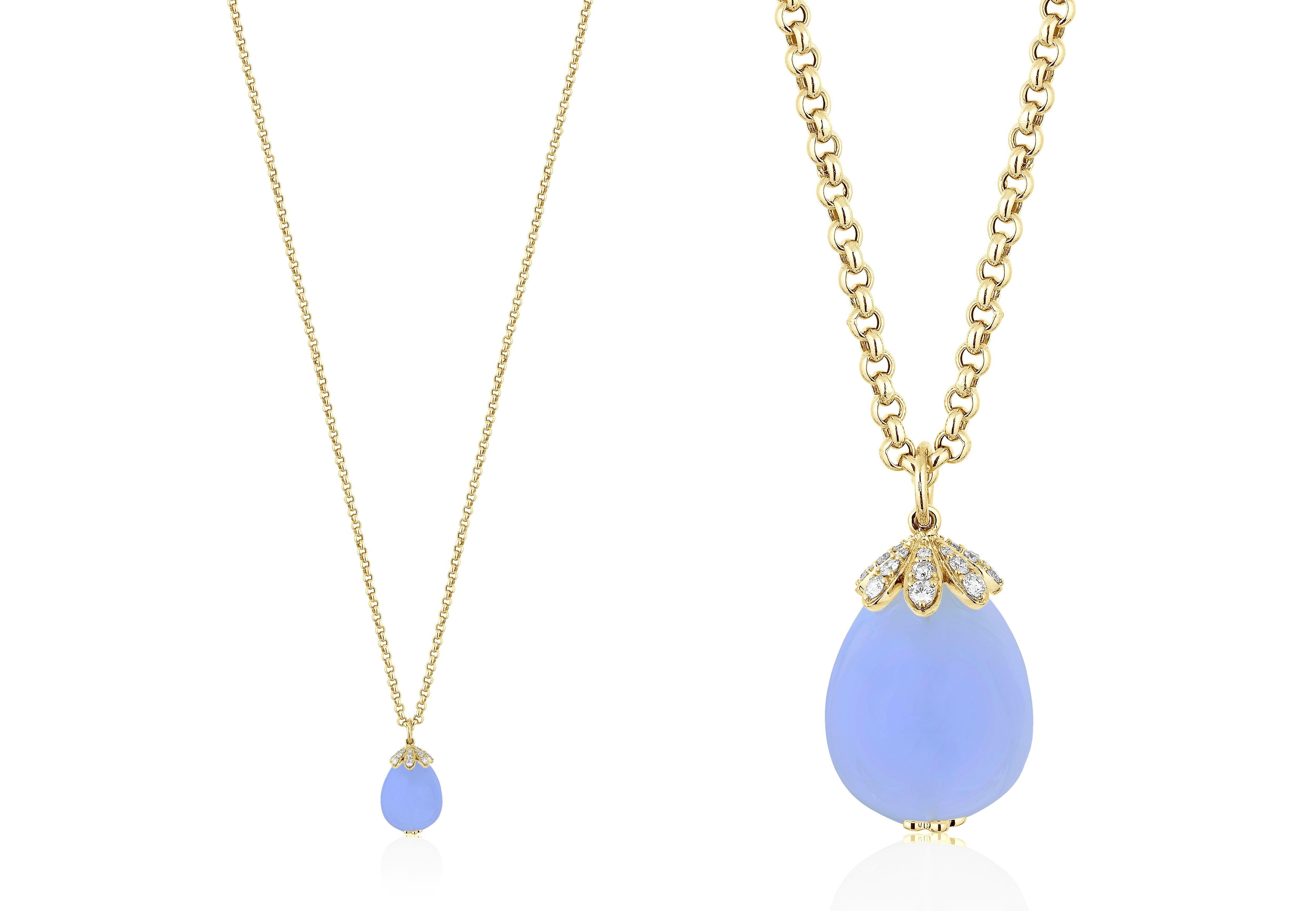 Pear Cut Goshwara Blue Chalcedony Drop And Diamond Pendant For Sale