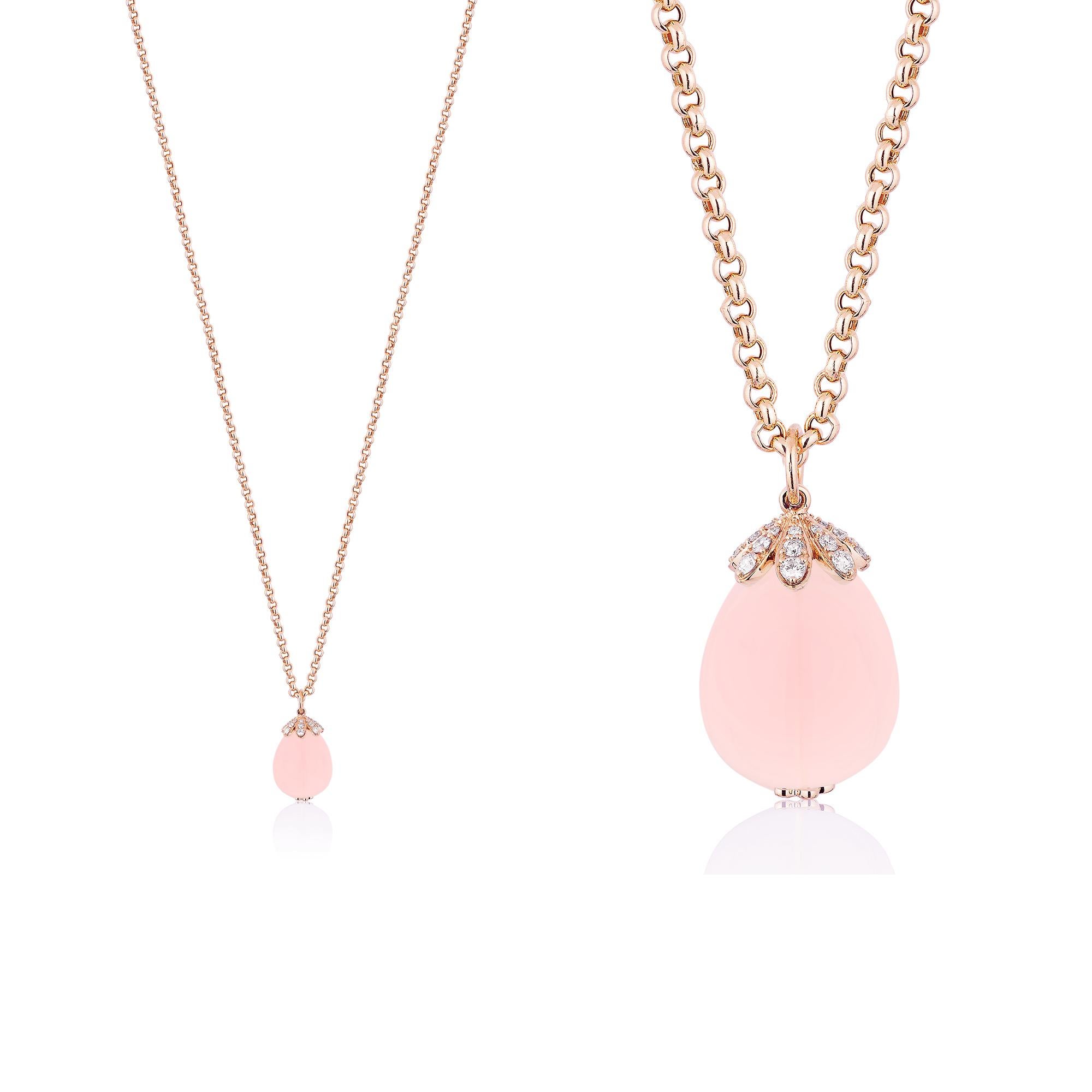 Large Drop Rose Quartz Pendant with Diamonds, from 'Naughty' Collection in 18K Rose Gold. This collection has dangerous curves tied with exotic colors. When unveiled, these pieces will bring a smile to the conservative aficionado.

* Gemstone size: