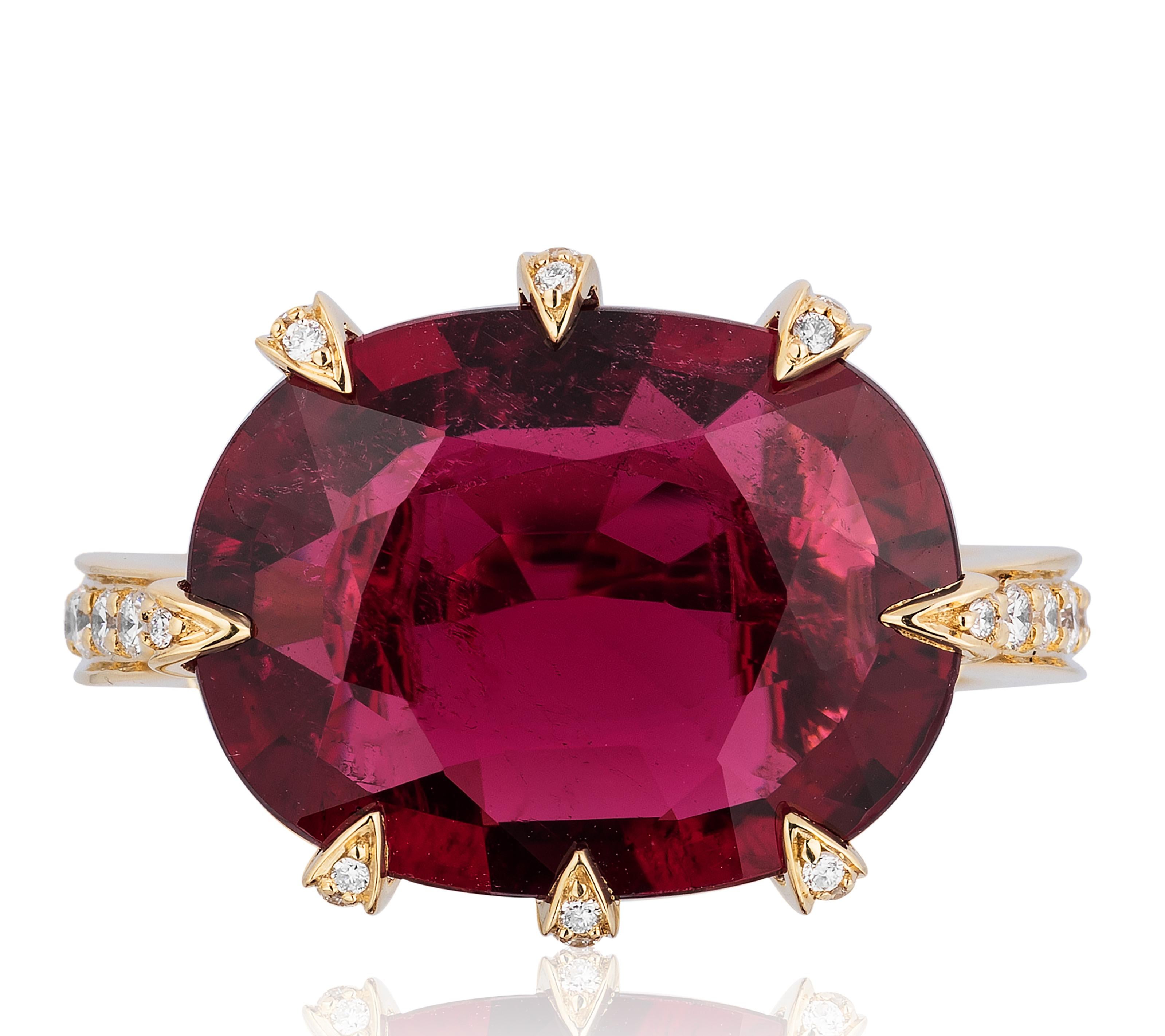 Large Oval Rubellite Ring with Diamonds in 18K Yellow Gold, from 'G-One' Collection 

Stone Size: 16 x 12 mm 

Approx. Stone Wt: 7.62 Carats (Rubellite)

Diamonds: G-H / VS, Approx. Wt: 0.41 Carats