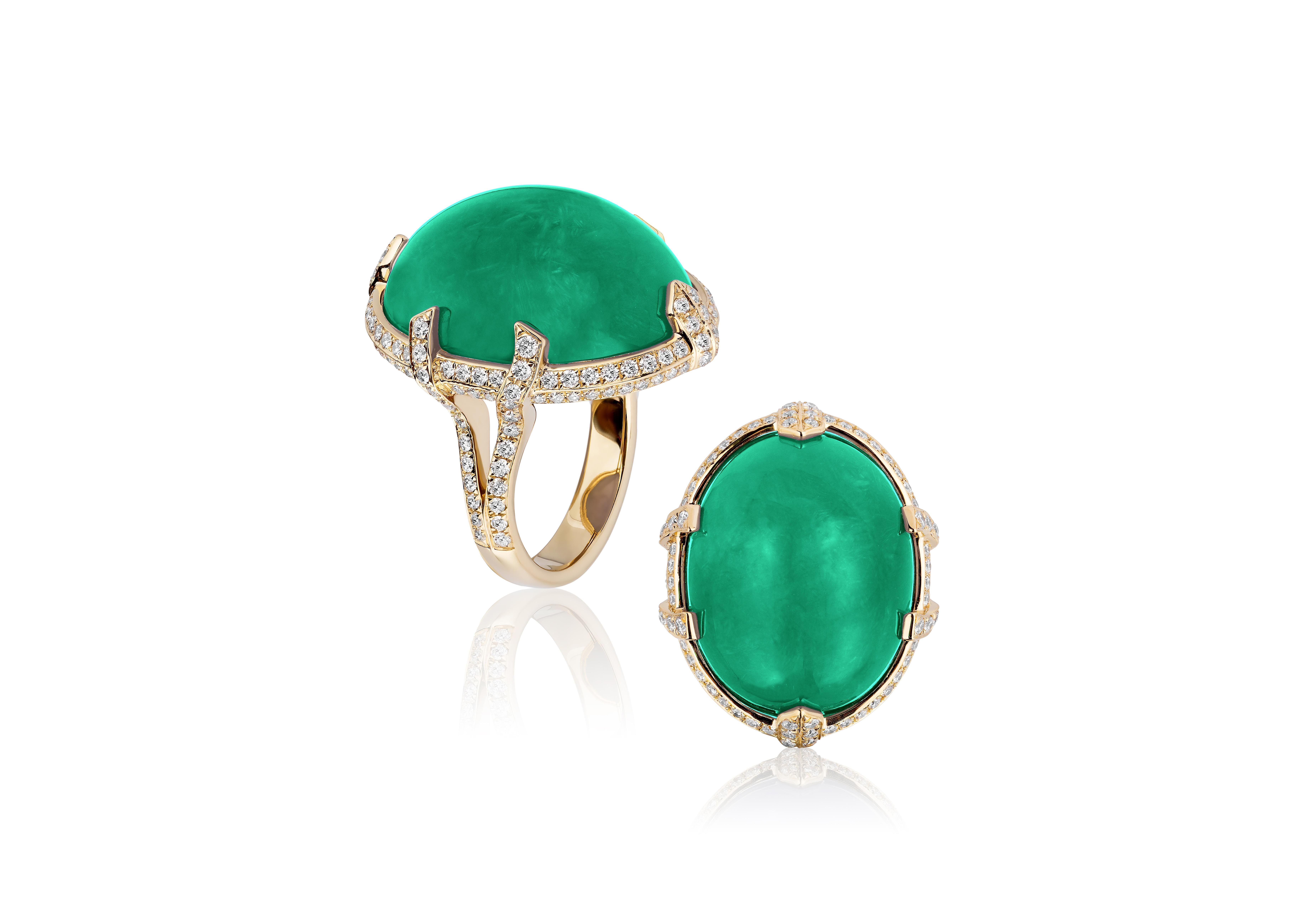 Large Oval Shape Emerald Ring with Diamonds in 18K Yellow Gold, from 'G-One' Collection

Approx. gemstone Wt: 31.40 Carats (Emerald)

Diamonds: G-H / VS, Approx. Wt: 1.28 Carats