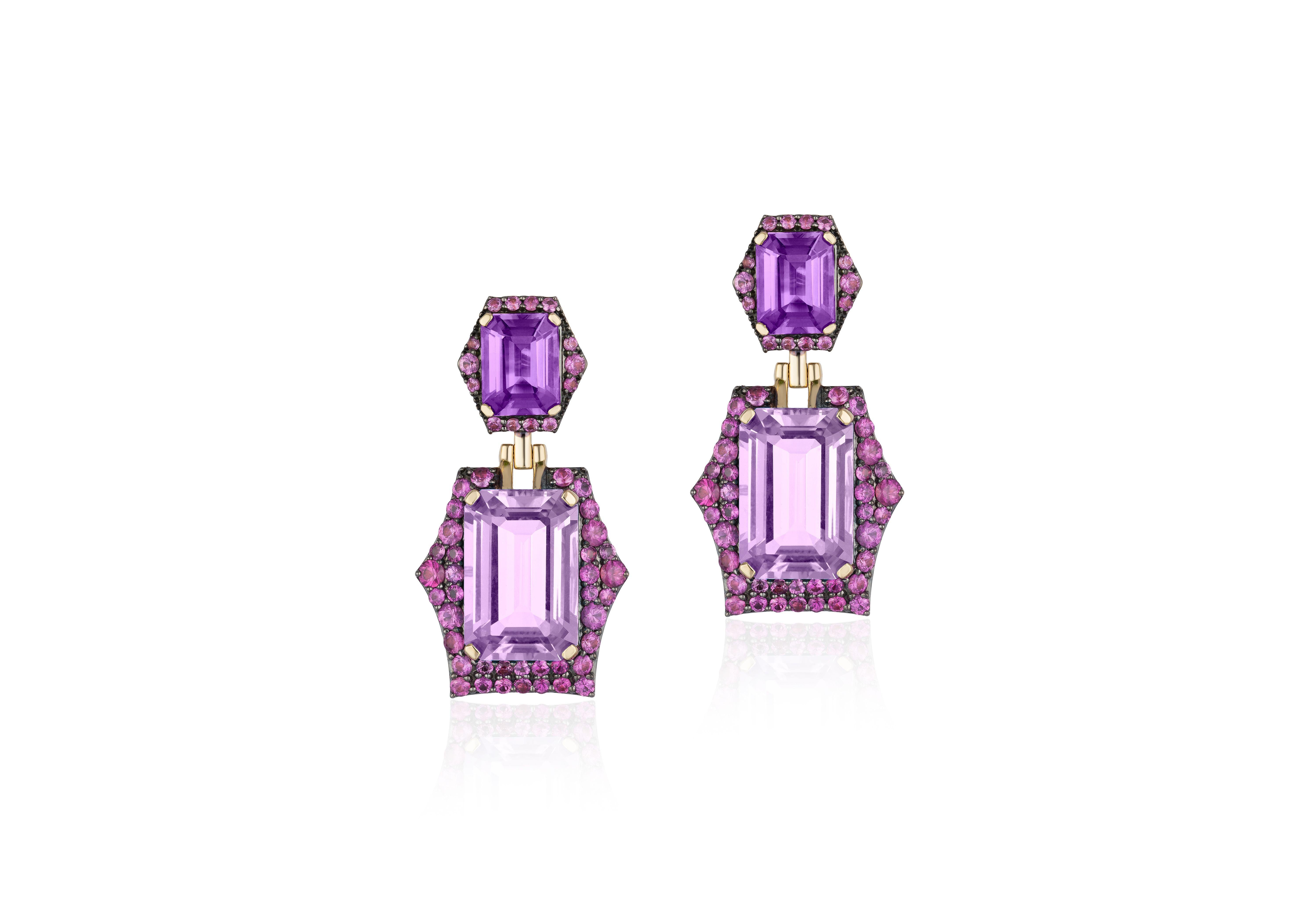 Lavender Amethyst, Amethyst and Pink Sapphire Earrings in 18K Yellow Gold, from 'Rain-Forest' Collection
Stone Size: 15 x 10 mm & 9 x 7 mm
Gemstone Approx. Wt: Amethyst- 14.09 Carats 
                                          Pink Sapphire- 3.13