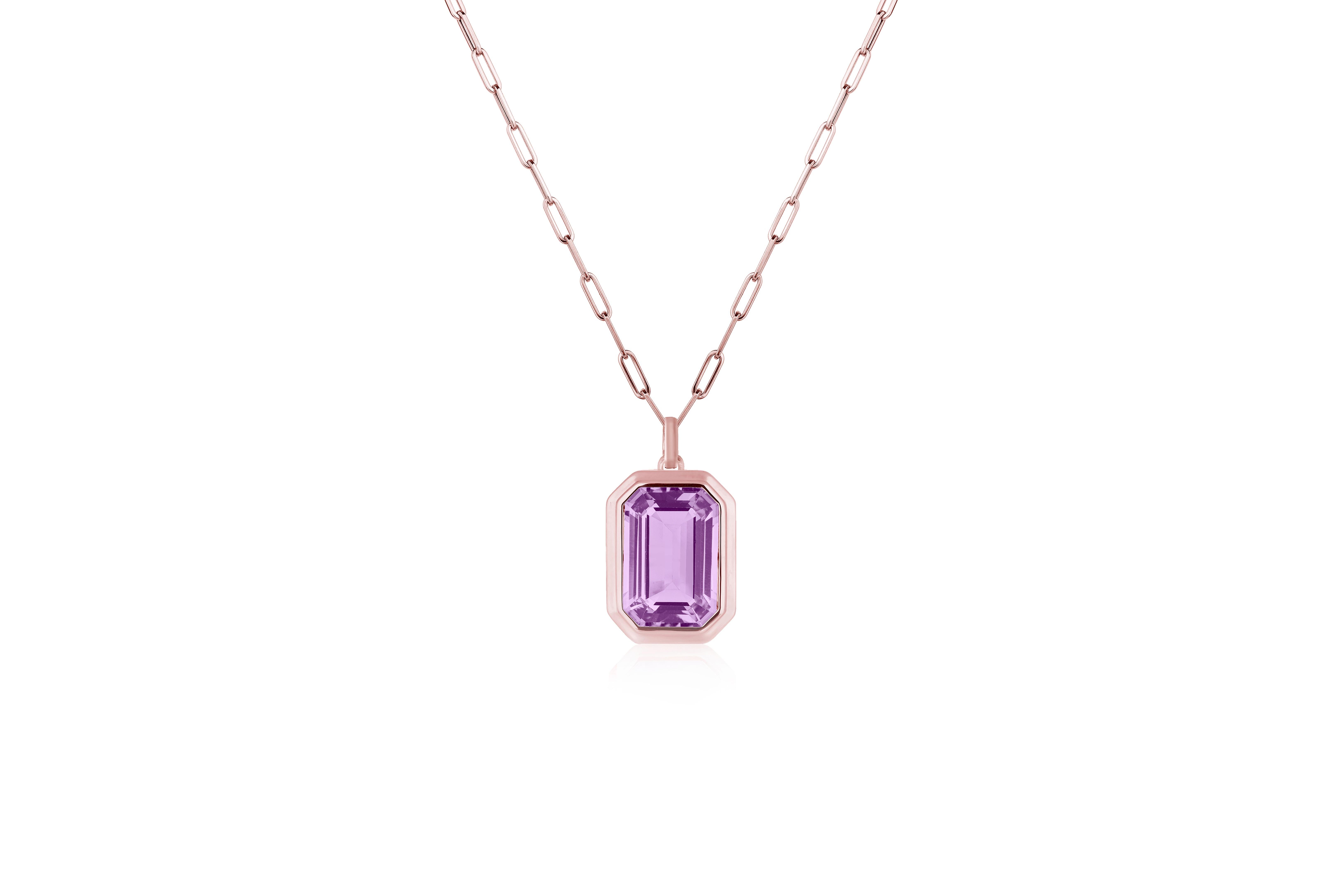 This beautiful Lavender Amethyst Emerald Cut Bezel Set Pendant in 18K Rose Gold is from our ‘Manhattan’ Collection. Minimalist lines yet bold structures are what our Manhattan Collection is all about. Our pieces represent the famous skyline and
