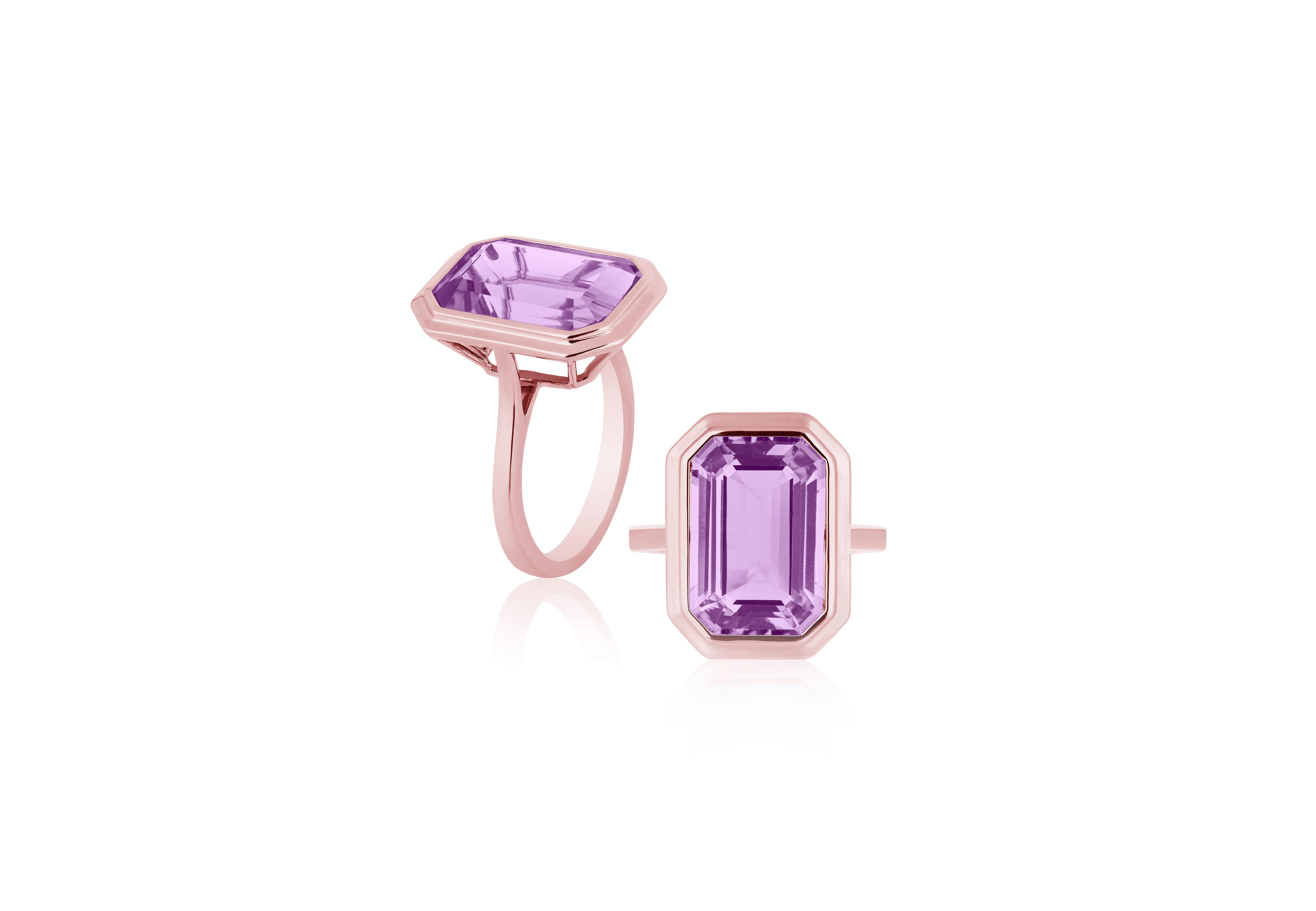 A classic yet an everyday bold statement piece, this amazing cocktail ring is part of our very new ‘Manhattan’ Collection. It has a 10 x 15 mm emerald cut Lavender Amethyst in a bezel setting in 18k gold.   ​

Minimalist lines yet bold structures is