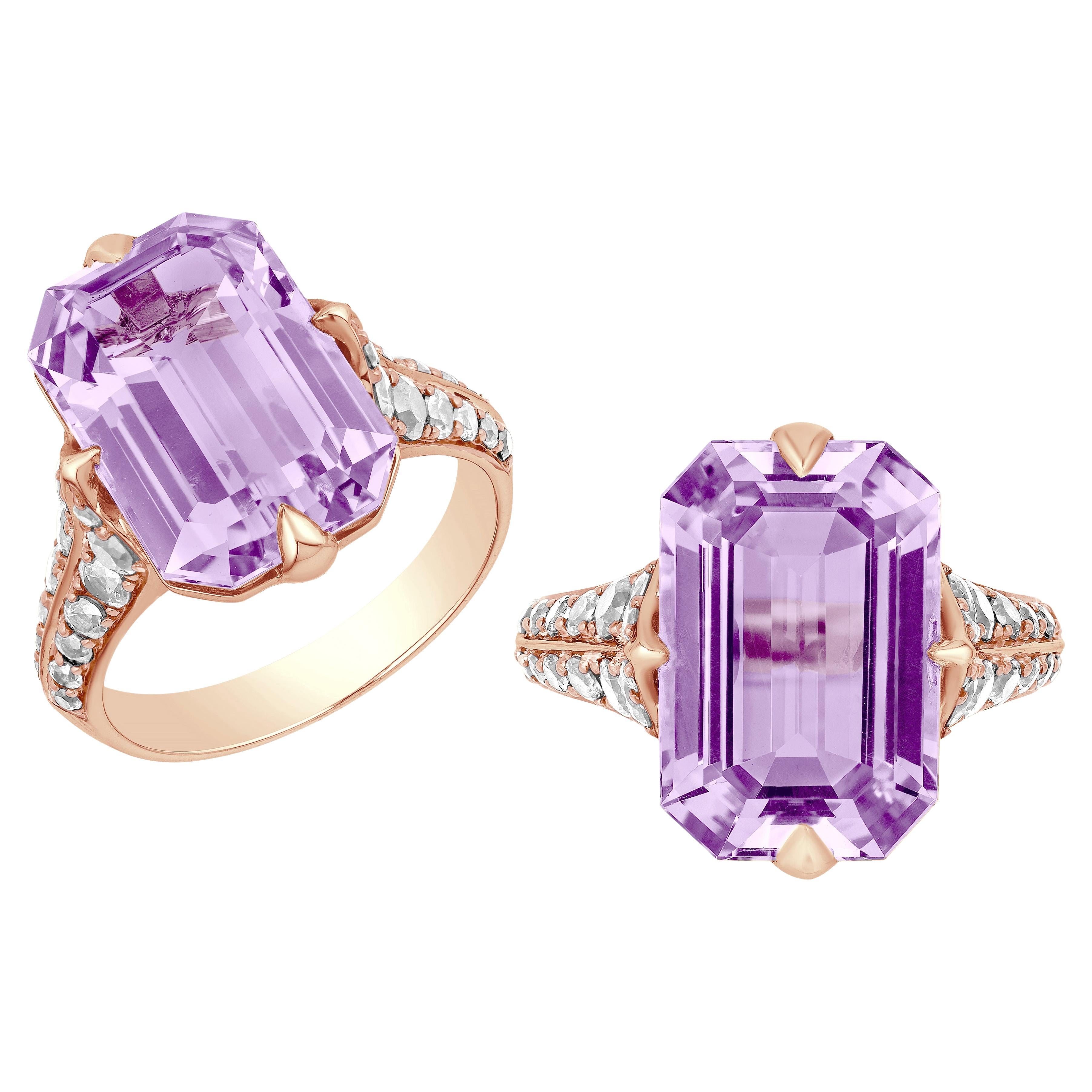 Lavendelfarbener Amethyst-Ring mit Smaragdschliff und Diamanten