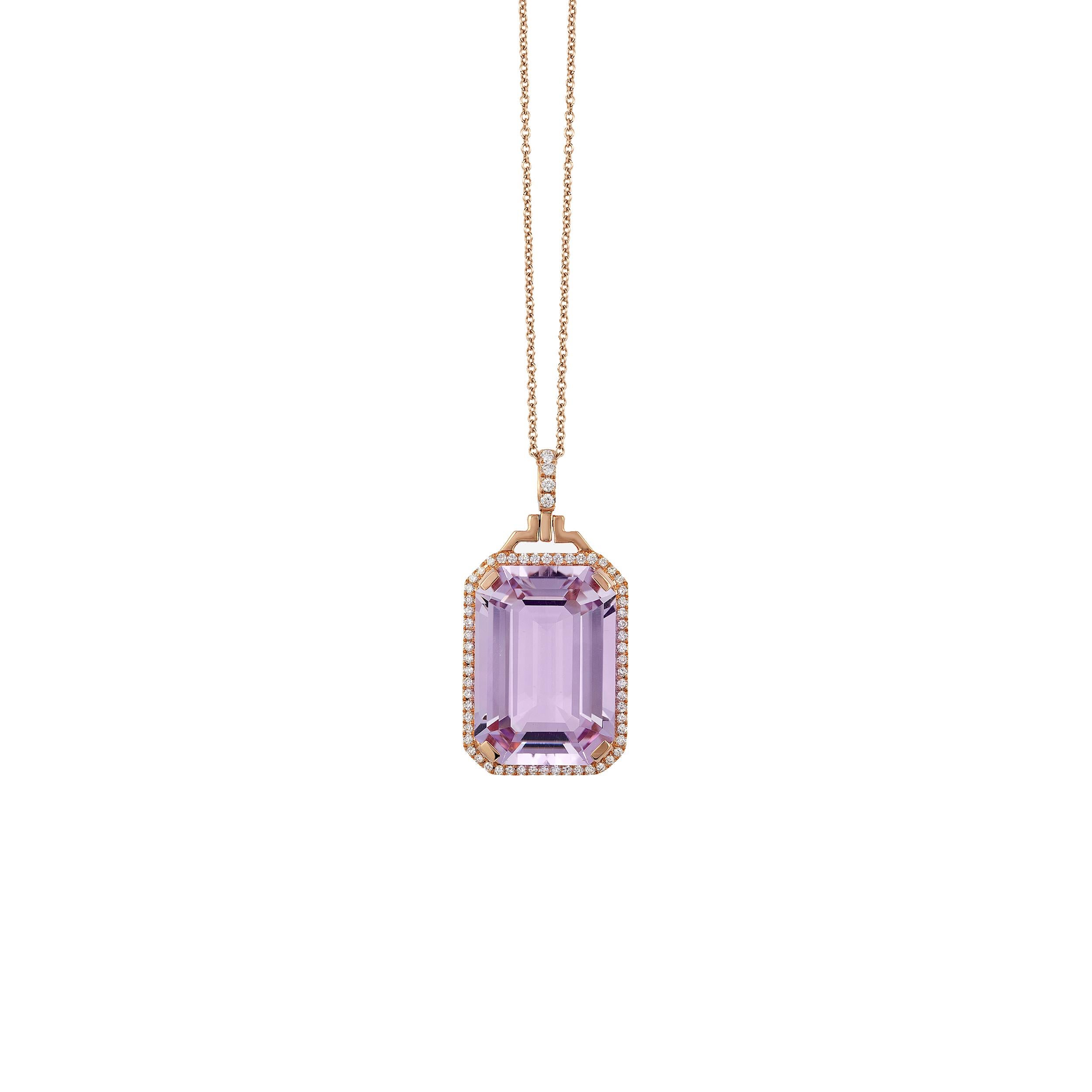 Lavender Amethyst Emerald Cut Pendant with Diamonds in 18K Yellow Gold, from 'Gossip' Collection 
 
 on a 18'' Chain
 
 Stone Size: 14 x 20 mm 
 
 Gemstone Approx Wt: Lavender Amethyst-16.44 Carats 
 
 Diamonds: G-H / VS, Approx Wt : 0.30 Carats