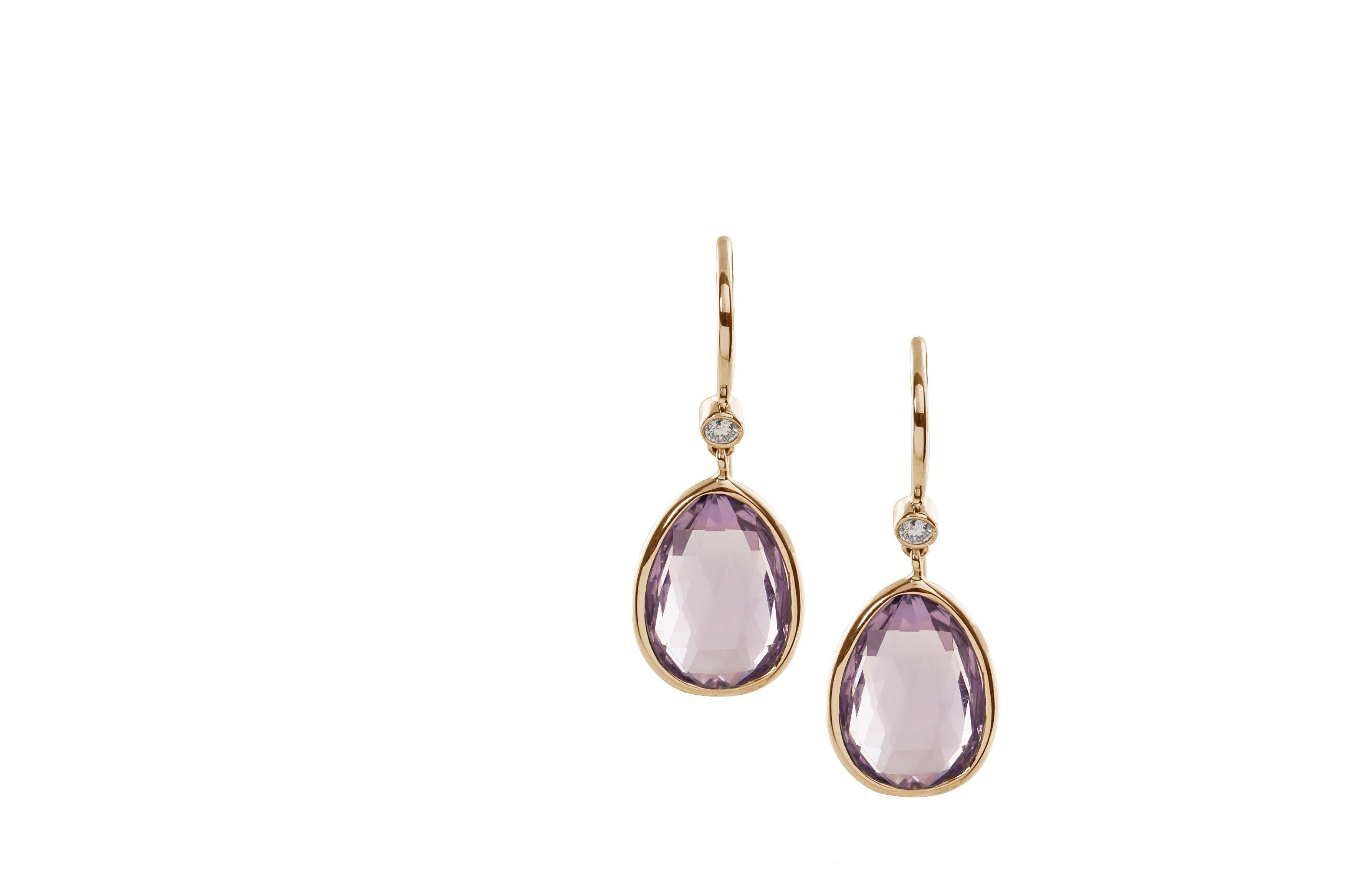 Lavender Amethyst Pear Shape Briolette with Diamond Earrings in 18K Yellow Gold, from 'Gossip' Collection

Stone size: 14 x 10 mm

Gemstone Approx Wt: Lavender Amethyst - 10.04 Carats

Diamonds: G-H / VS, Approx Wt 0.9 Carats 
