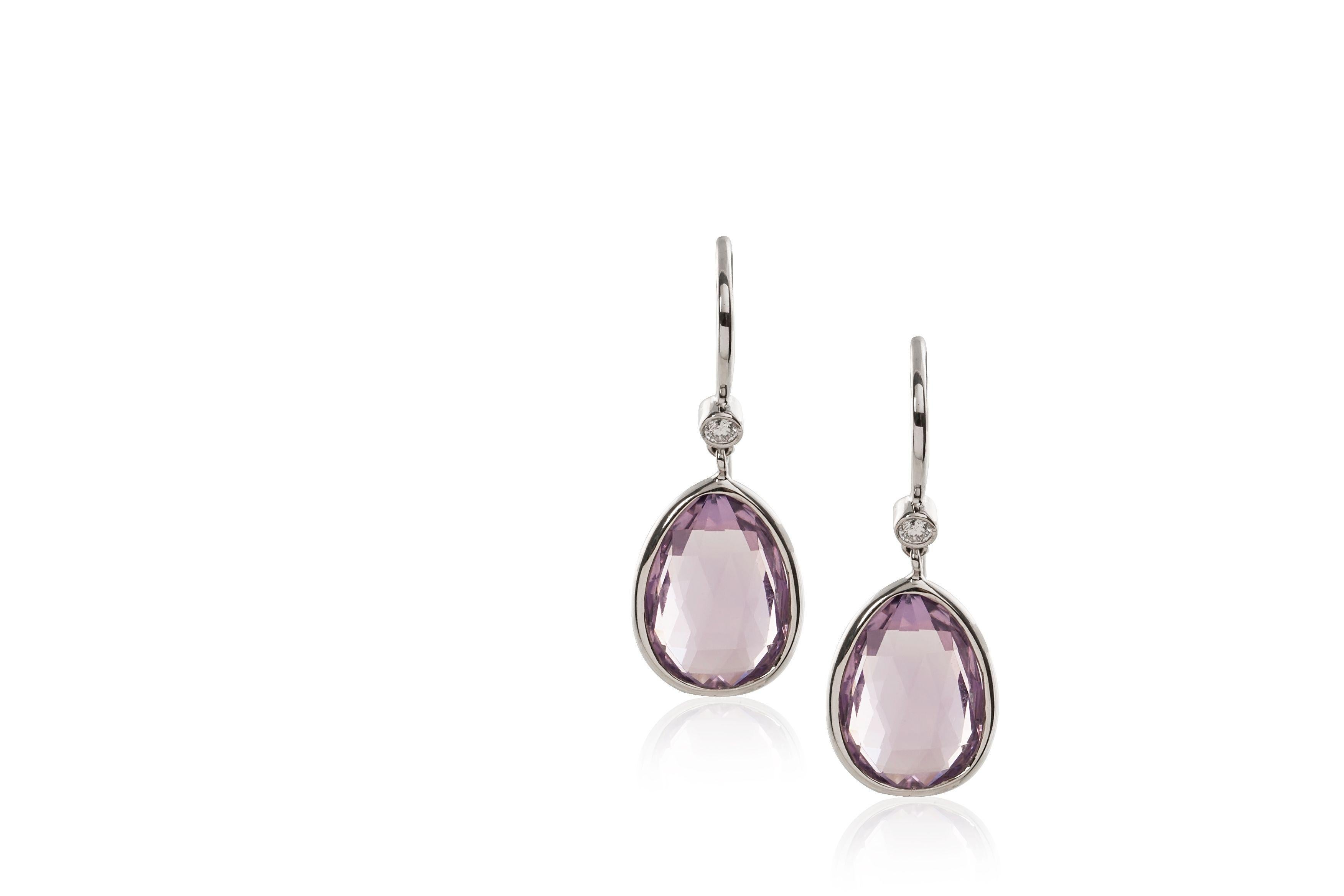 Lavender Amethyst Pear Shape Briolette with Diamond Earrings in 18K White Gold, from 'Gossip' Collection

Stone size: 14 x 20 mm

Gemstone Approx Wt: Lavender Amethyst - 28.60 Carats

Diamonds: G-H / VS, Approx Wt 0.14 Carats