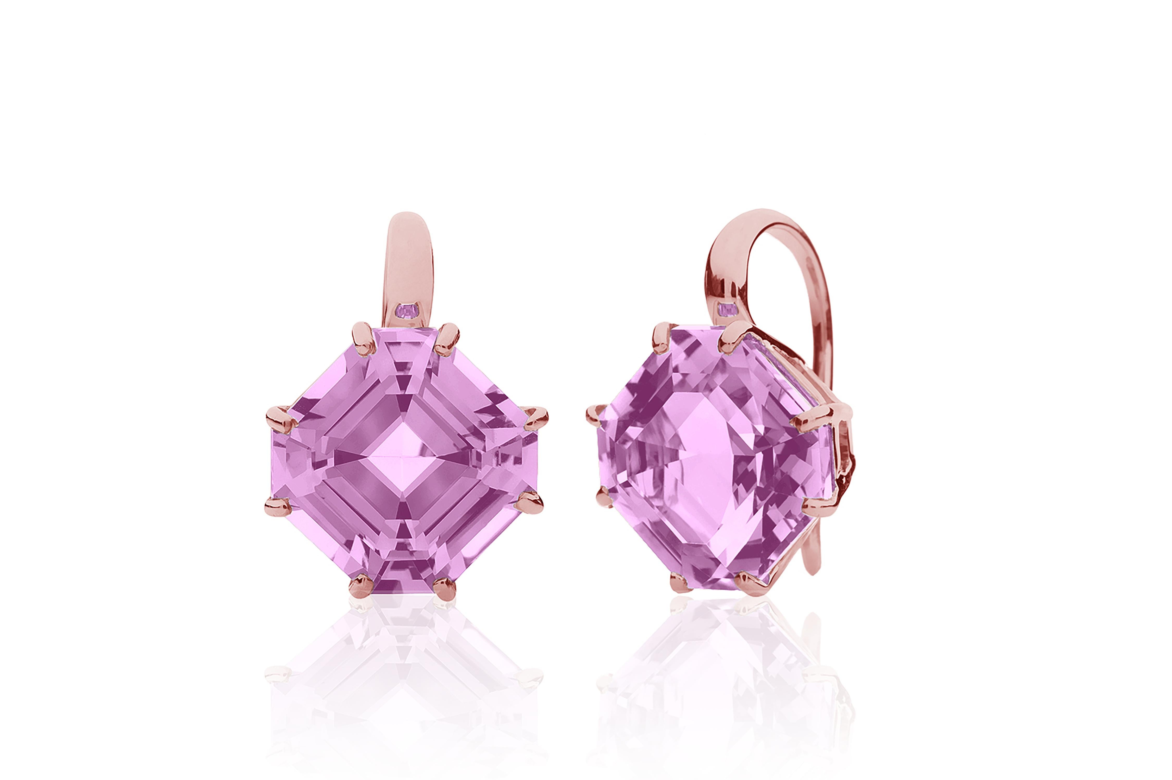 Lavender Amethyst Square Emerald Cut Earrings from the exquisite 'Gossip' Collection in 18K Rose Gold. These elegant earrings showcase the timeless beauty of lavender amethyst stones with a striking square emerald cut, exuding an air of