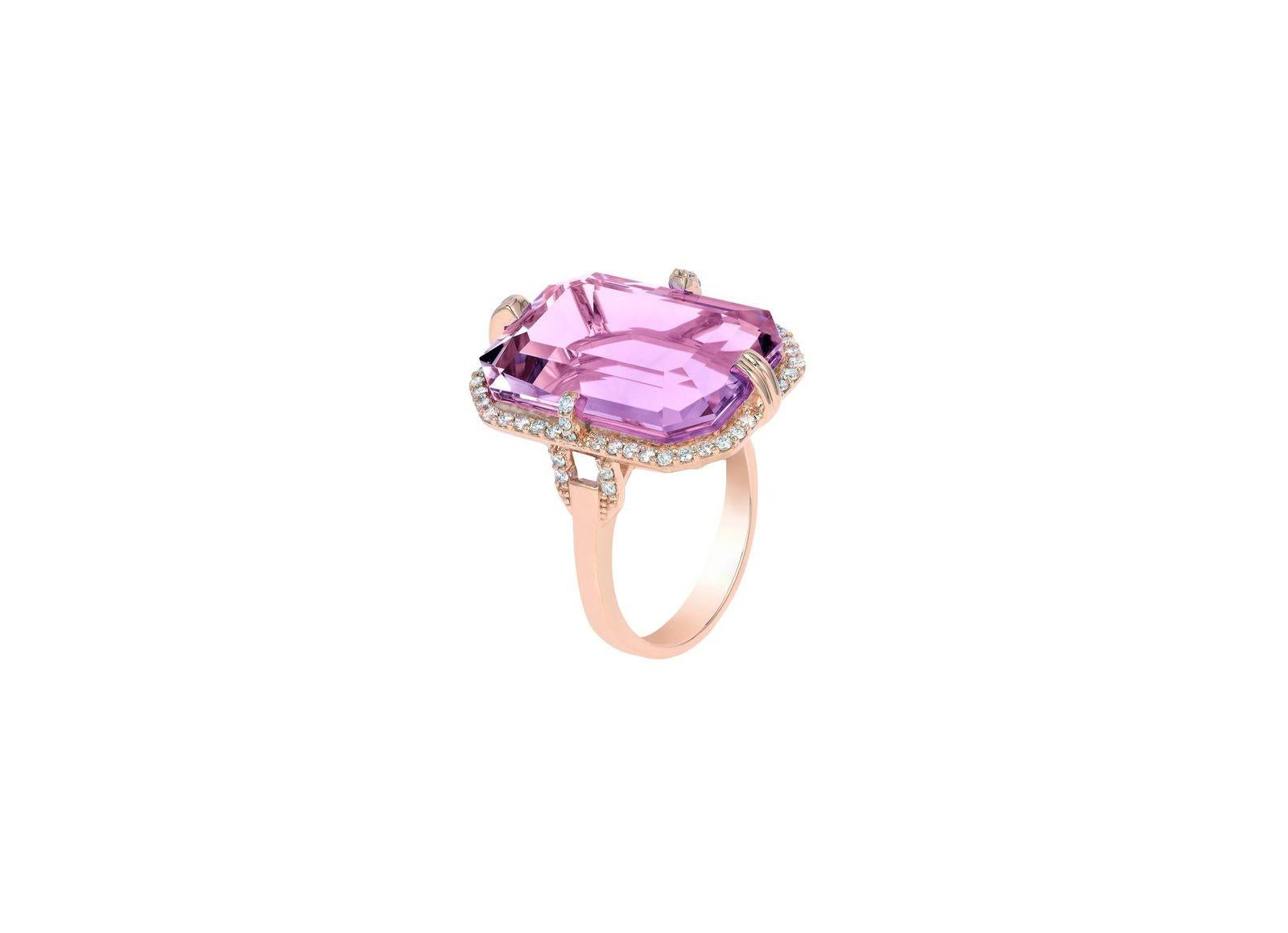 Lavender Amethyst Emerald Cut Ring with Diamonds in 18k Yellow Gold, from 'Gossip' Collection
Please allow 3-4 weeks for this item to be delivered.

Stone Size: 10x15 mm 

Gemstone Approx Wt: Lavender Amethyst- 6.89 Carats

Diamonds: G-H / VS,