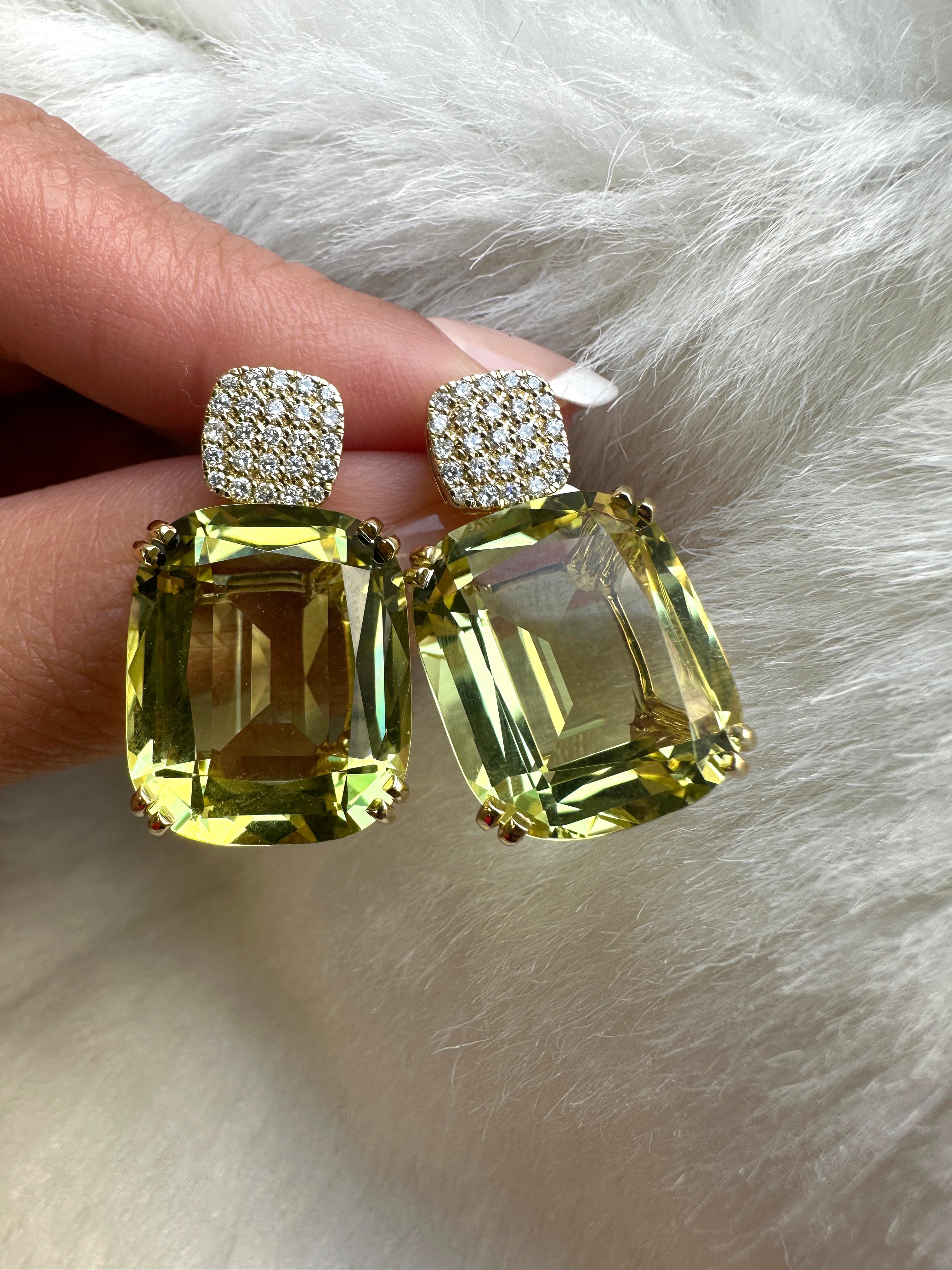 Introducing the stunning Lemon Quartz Cushion & Diamonds Earrings from our popular 'Gossip' Collection. 
The focal point of these earrings is the mesmerizing lemon quartz cushion-cut gemstone. The cushion-cut shape adds a touch of vintage charm,