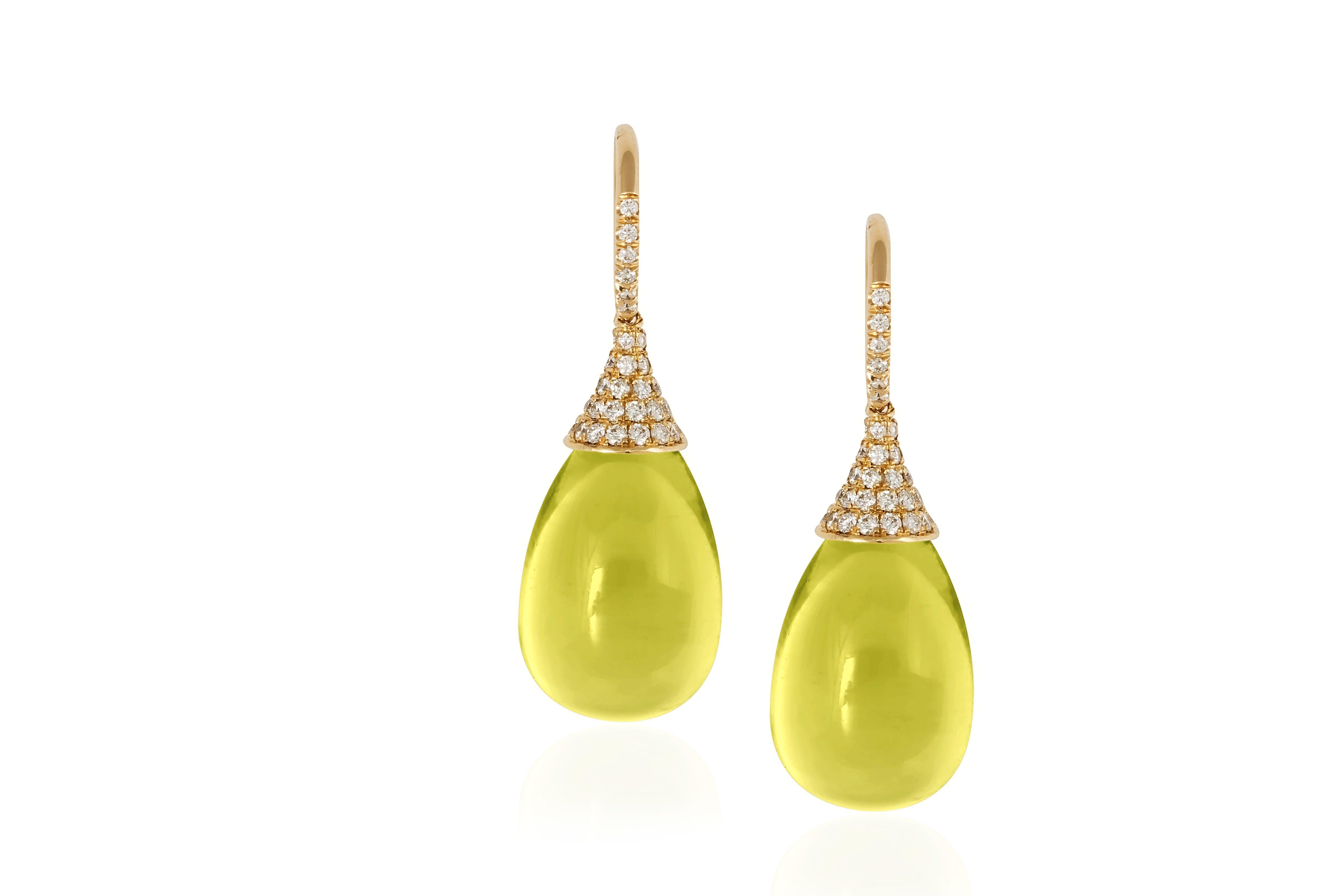 Lemon Quartz Drop Earrings with Diamonds in 18K Yellow Gold from 'Naughty' Collection
 Stone Size: 19 x 12 mm 
 Diamonds: G-H / VS, Approx Wt:0.75 Cts