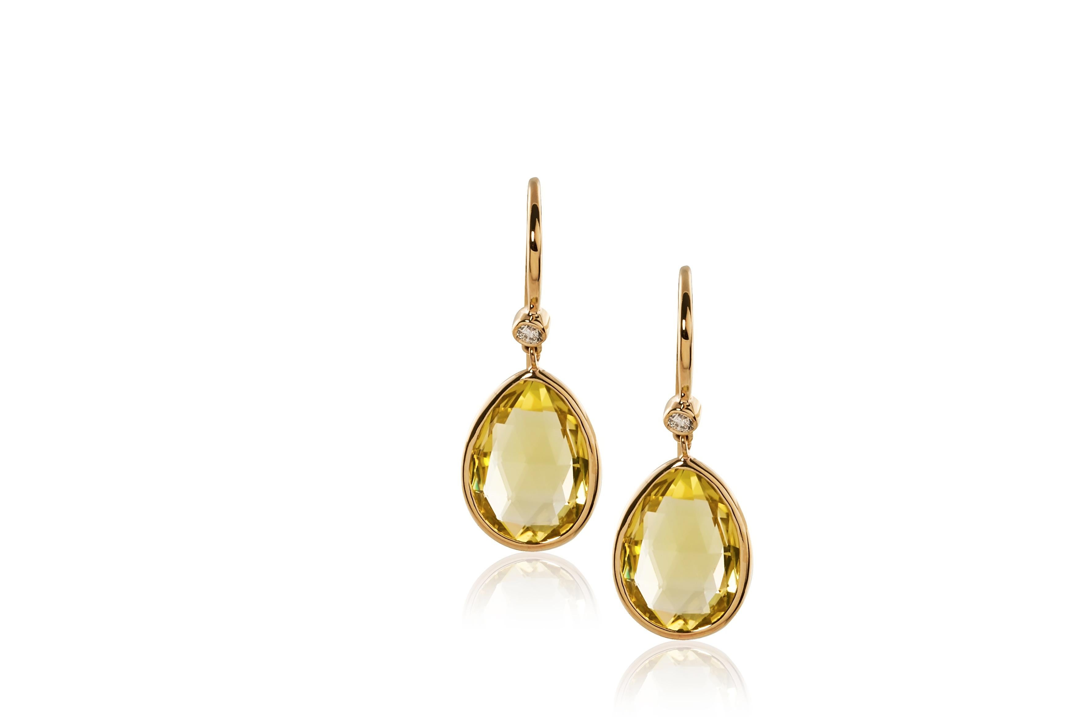 Lemon Quartz Pear Shape Briolette Earrings with Diamonds on French Wire in 18K Yellow Gold, from ‘Gossip’ Collection

Stone Size: 10 x 14 mm 

Gemstone Approx. Wt: Lemon Quartz- 10.52 Carats 

Diamonds: G-H / VS, Approx. Wt: 0.11 Carats