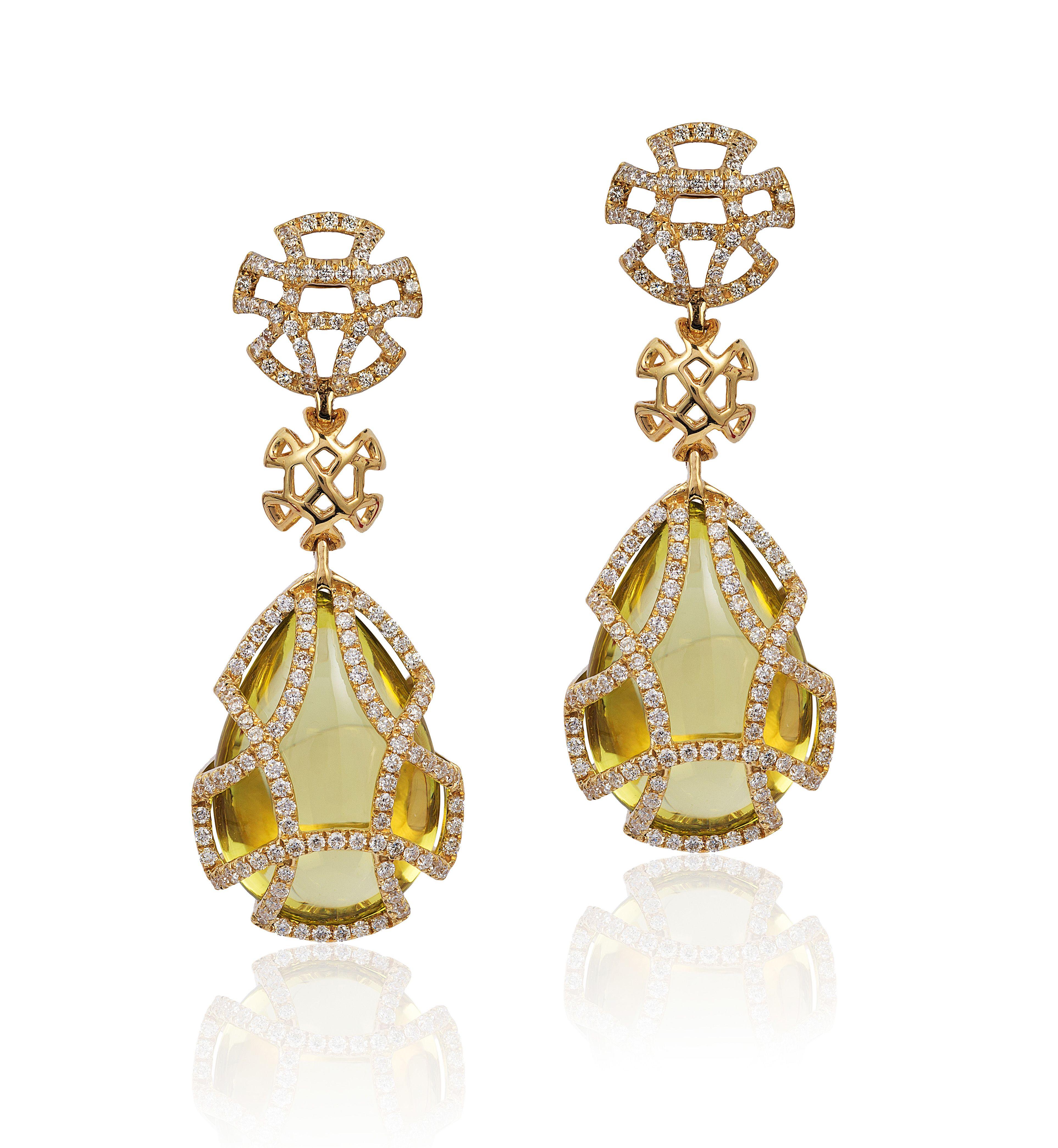 Lemon Quartz Teardrop Cage Earring with Diamonds in 18K Yellow Gold from 'Freedom