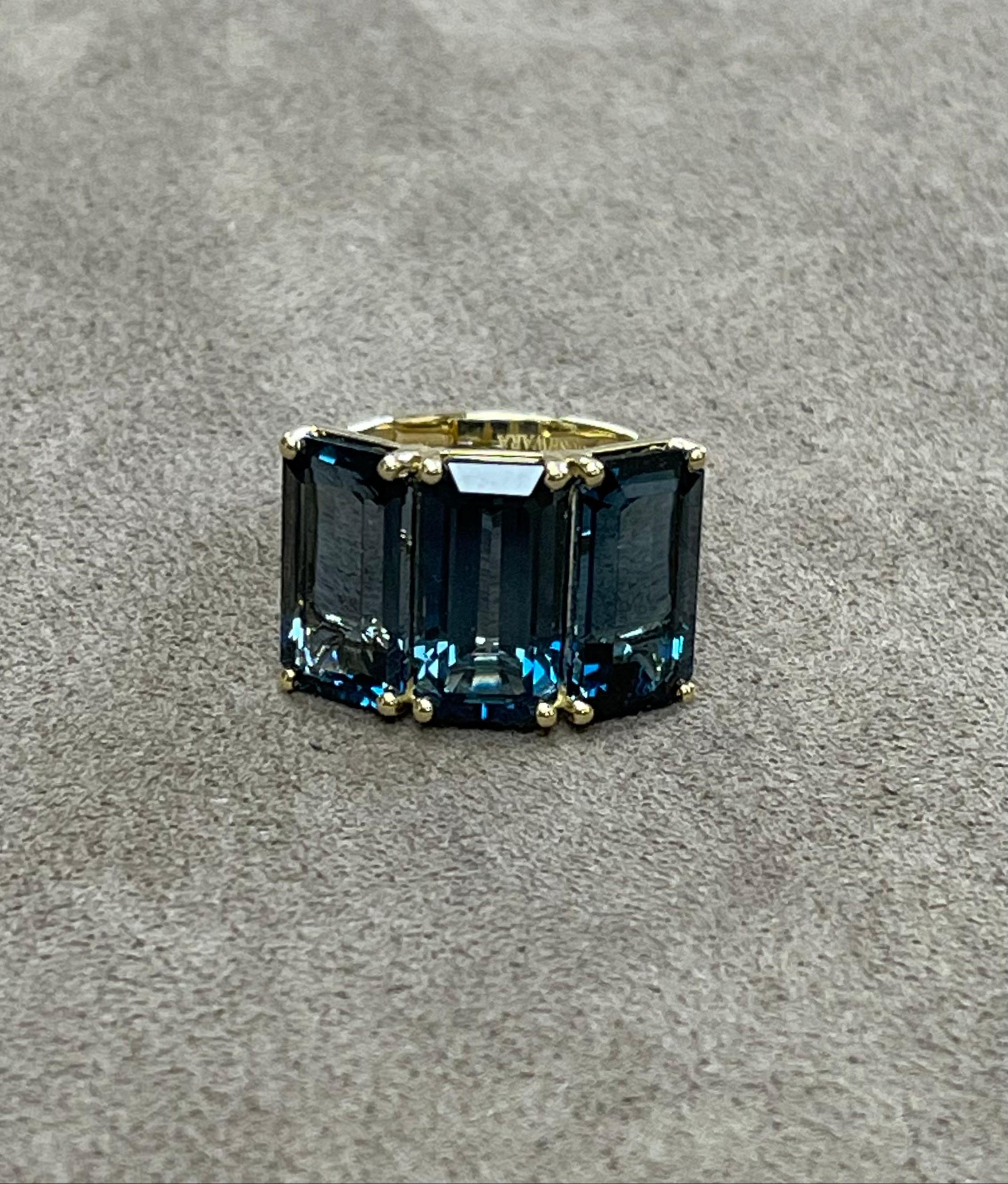 Goshwara London Blue Topaz 3-Stone Emerald Cut Ring In New Condition For Sale In New York, NY