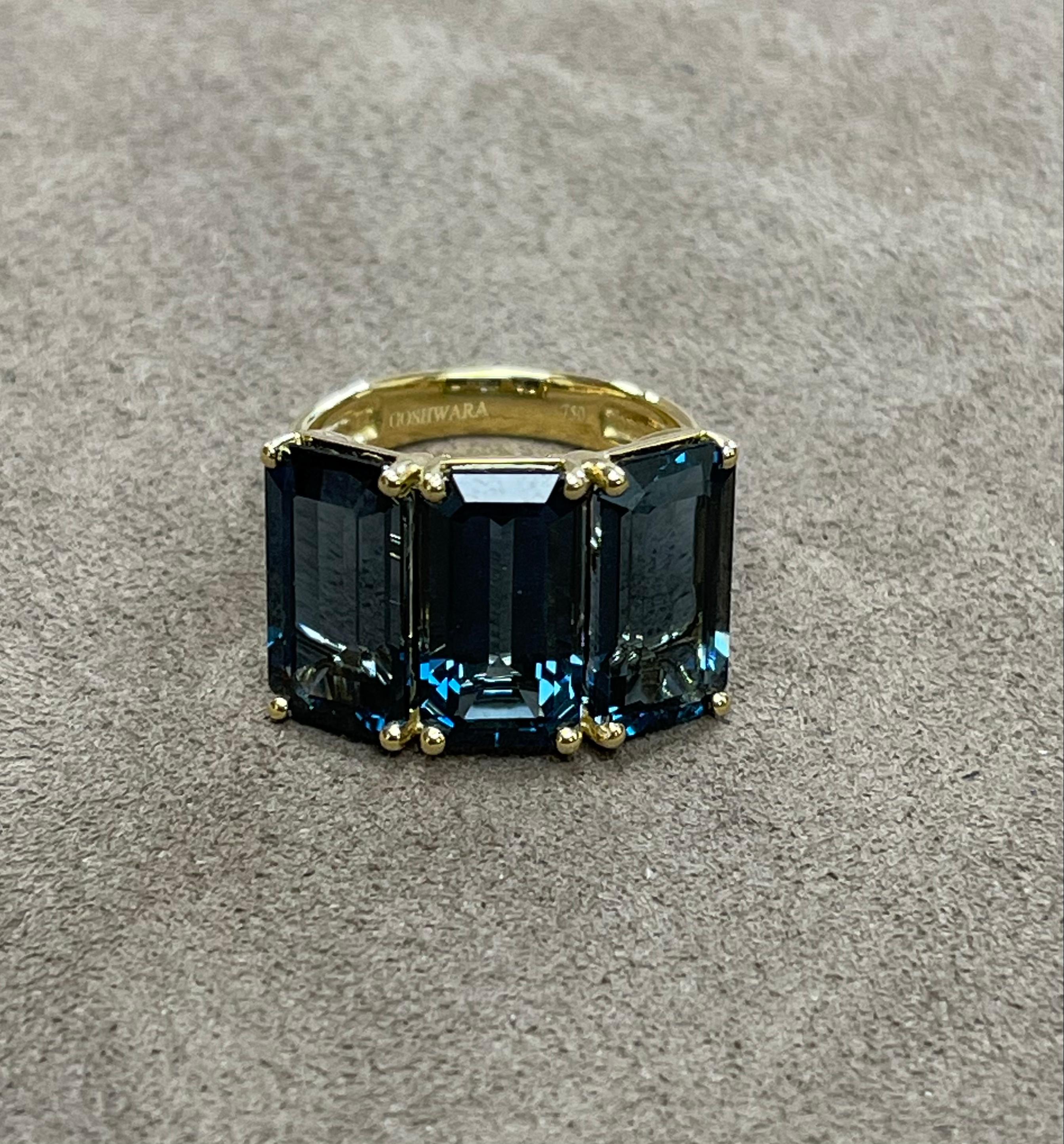 Goshwara London Blue Topaz 3-Stone Emerald Cut Ring For Sale 1