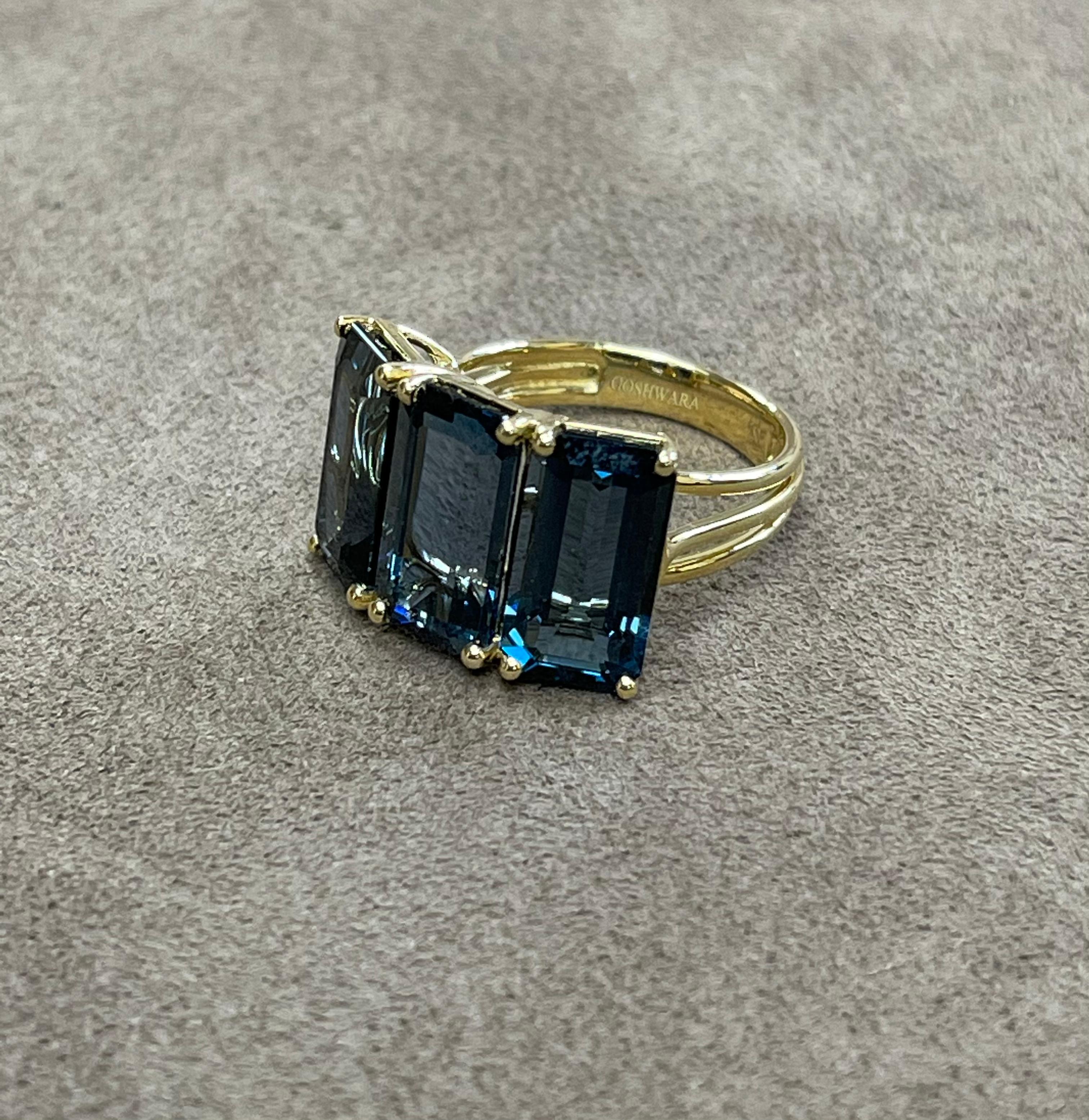 Goshwara London Blue Topaz 3-Stone Emerald Cut Ring For Sale 2