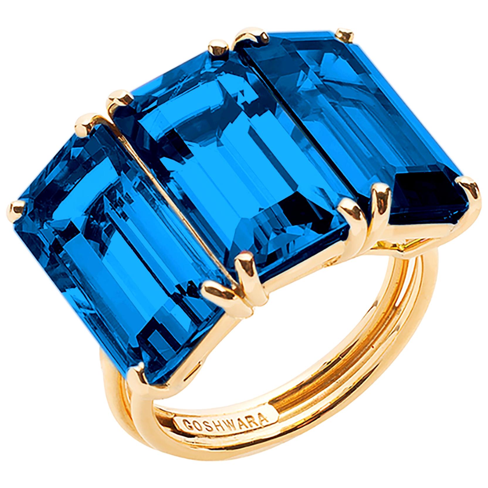 Goshwara London Blauer Topas 3-Stein-Ring mit Smaragdschliff