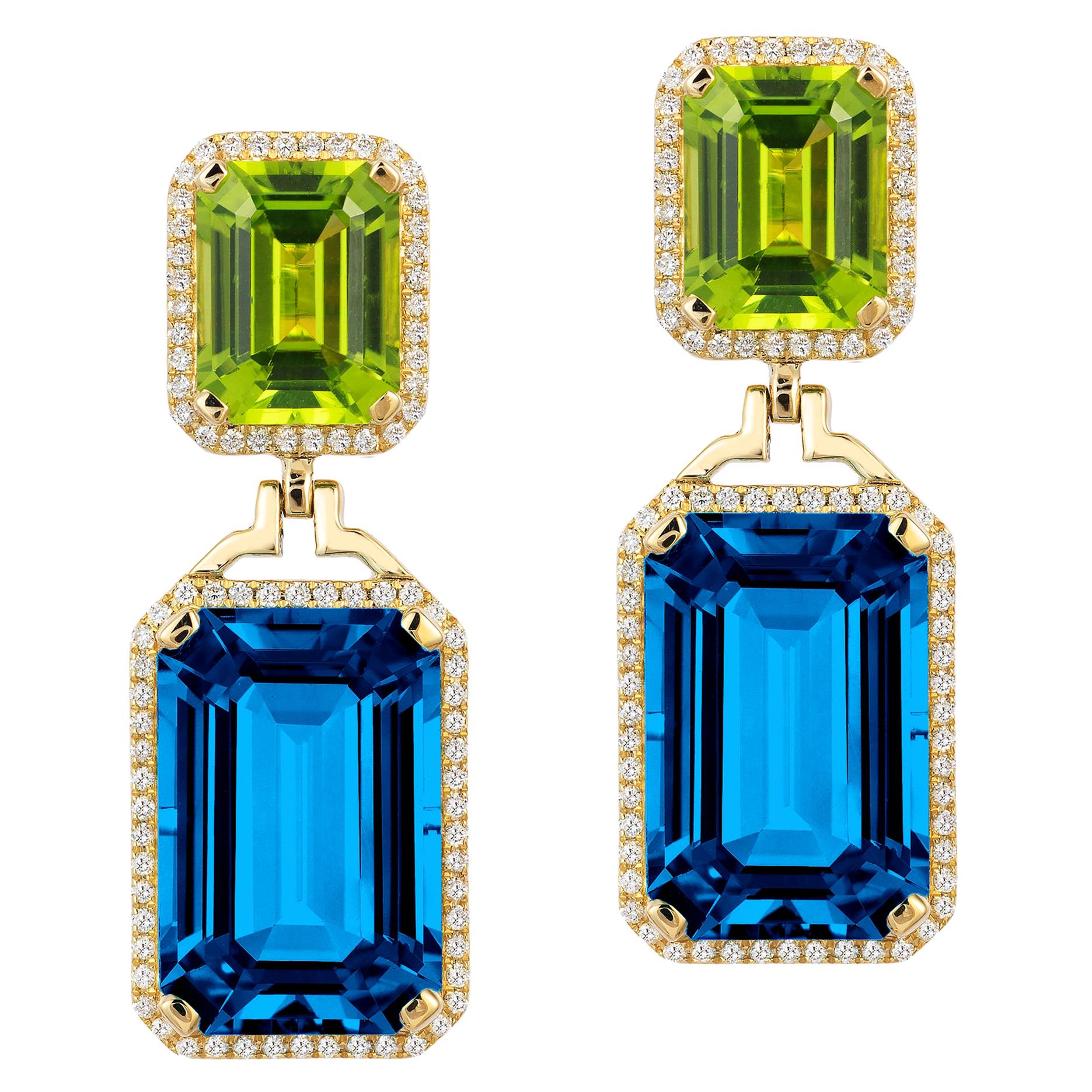 Goshwara London Blue Topaz and Peridot Emerald with Diamond Earrings
