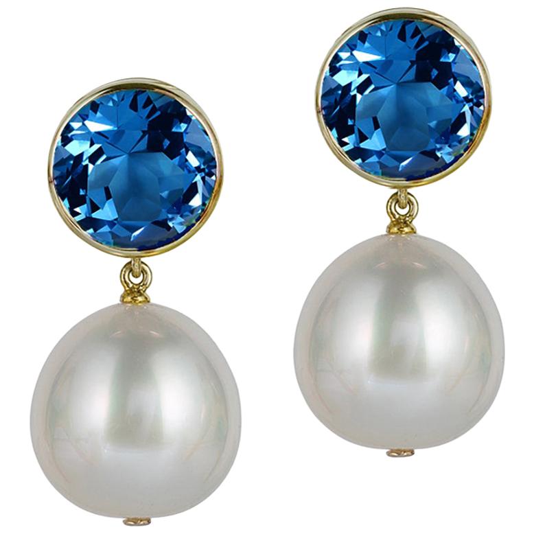 Goshwara London Blue Topaz Bezel Set with Pearl Earrings