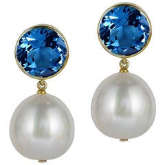 blue topaz and pearl earrings Goshwara London Blue Topaz Bezel Set with Pearl Earrings