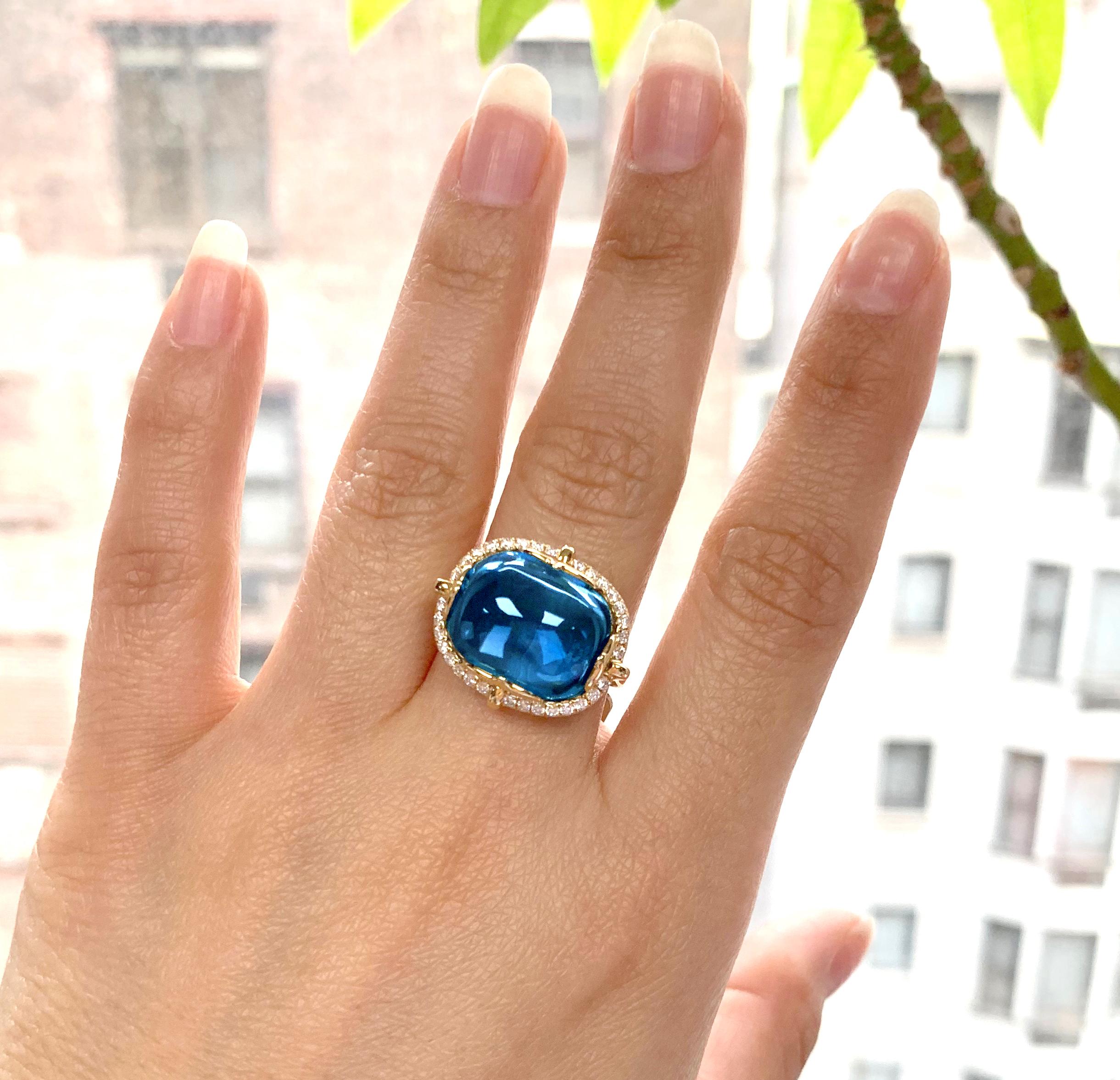 London Blue Topaz Cushion Cabochon Ring in 18K Yellow Gold with Diamonds, from 'Rock 'N Roll' Collection.
Please allow 4-5 weeks for this item to be delivered.

Stone Size: 16 x 13 mm

Diamonds: G-H / VS, Approx. Wt.: 0.36 Carats