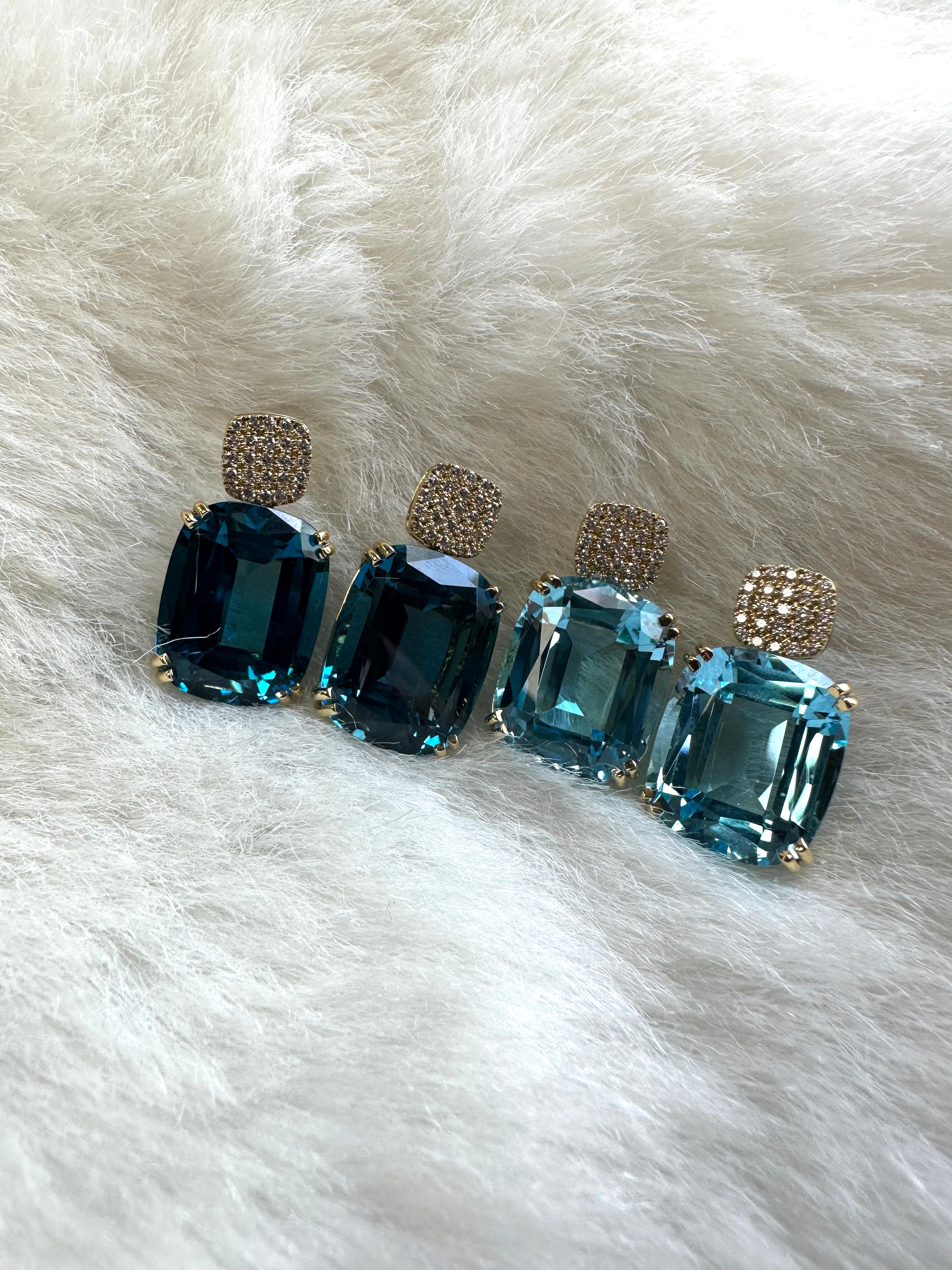 Introducing the stunning London Blue Topaz Cushion & Diamonds Earrings from our popular 'Gossip' Collection. 
The focal point of these earrings is the mesmerizing London Blue Topaz cushion-cut gemstone. The cushion-cut shape adds a touch of vintage