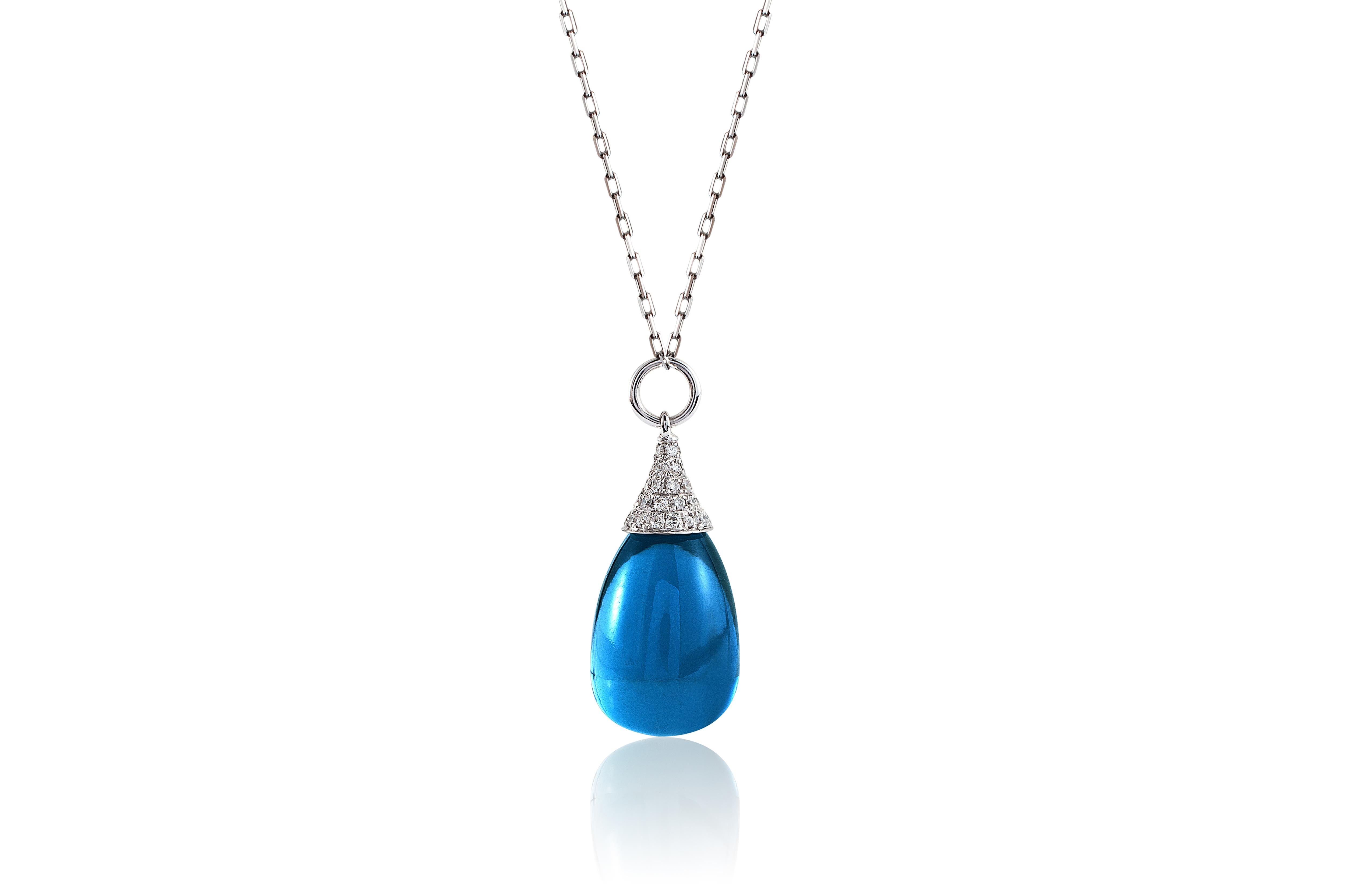 London Blue Topaz Drop Pendant with Diamond Cap in 18K White Gold on an 18'' Chain from 'Naughty' Collection

Stone Size: 19 x 12 mm 

Diamonds: G-H / VS, Approx Wt: 0.32 Cts