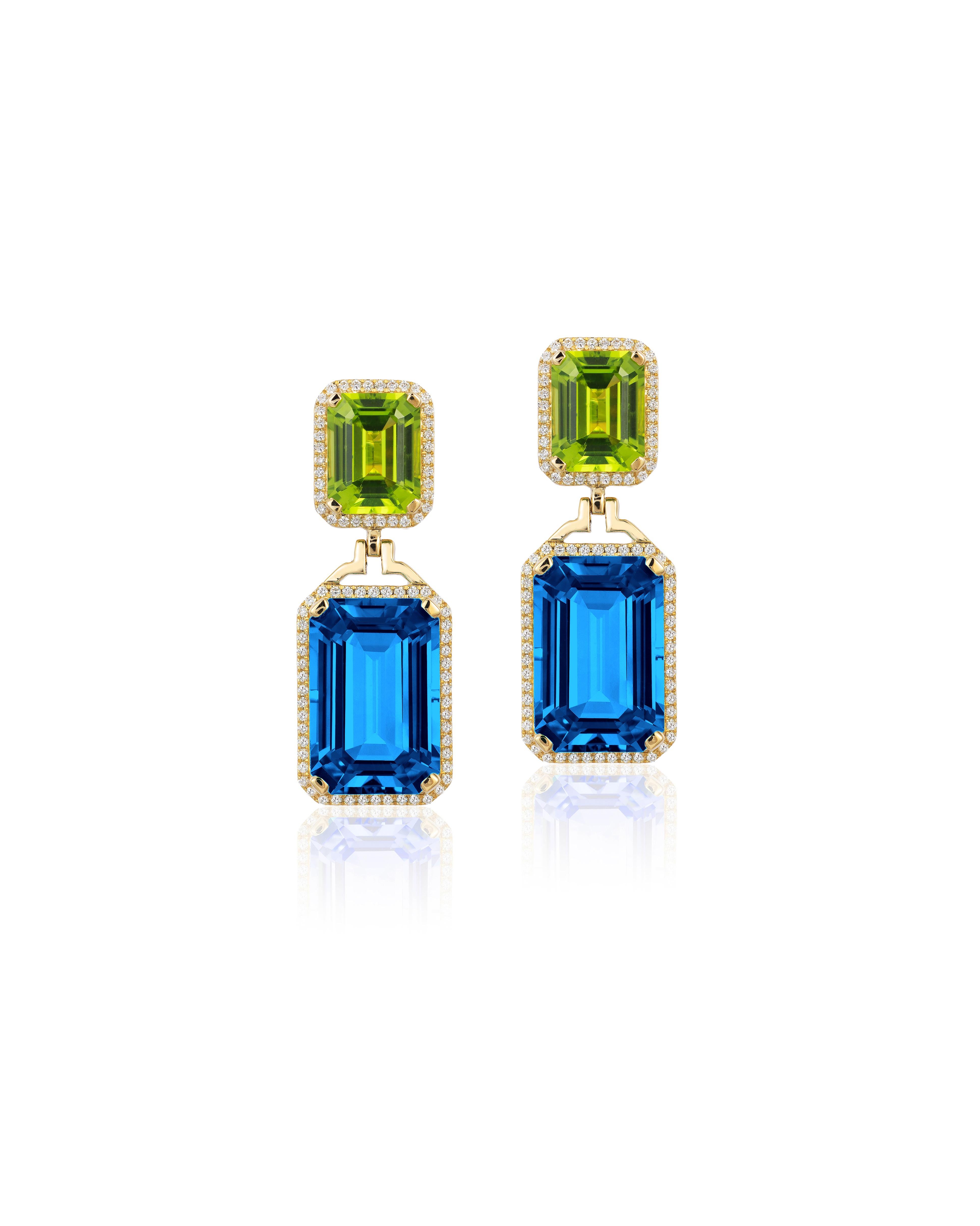 Taille émeraude Goshwara London Boucles d'oreilles en topaze bleue, émeraude taille émeraude et péridots avec diamants