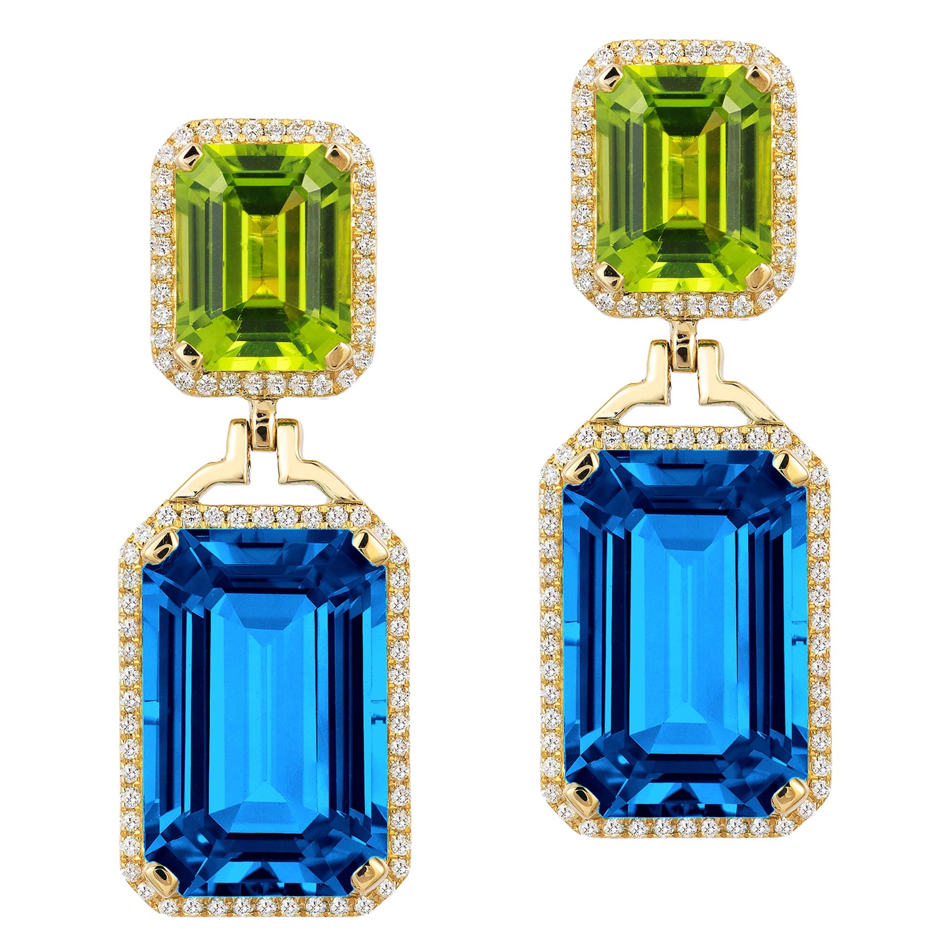 Goshwara London Blue Topaz Emerald Cut and Peridot with Diamonds Earrings For Sale