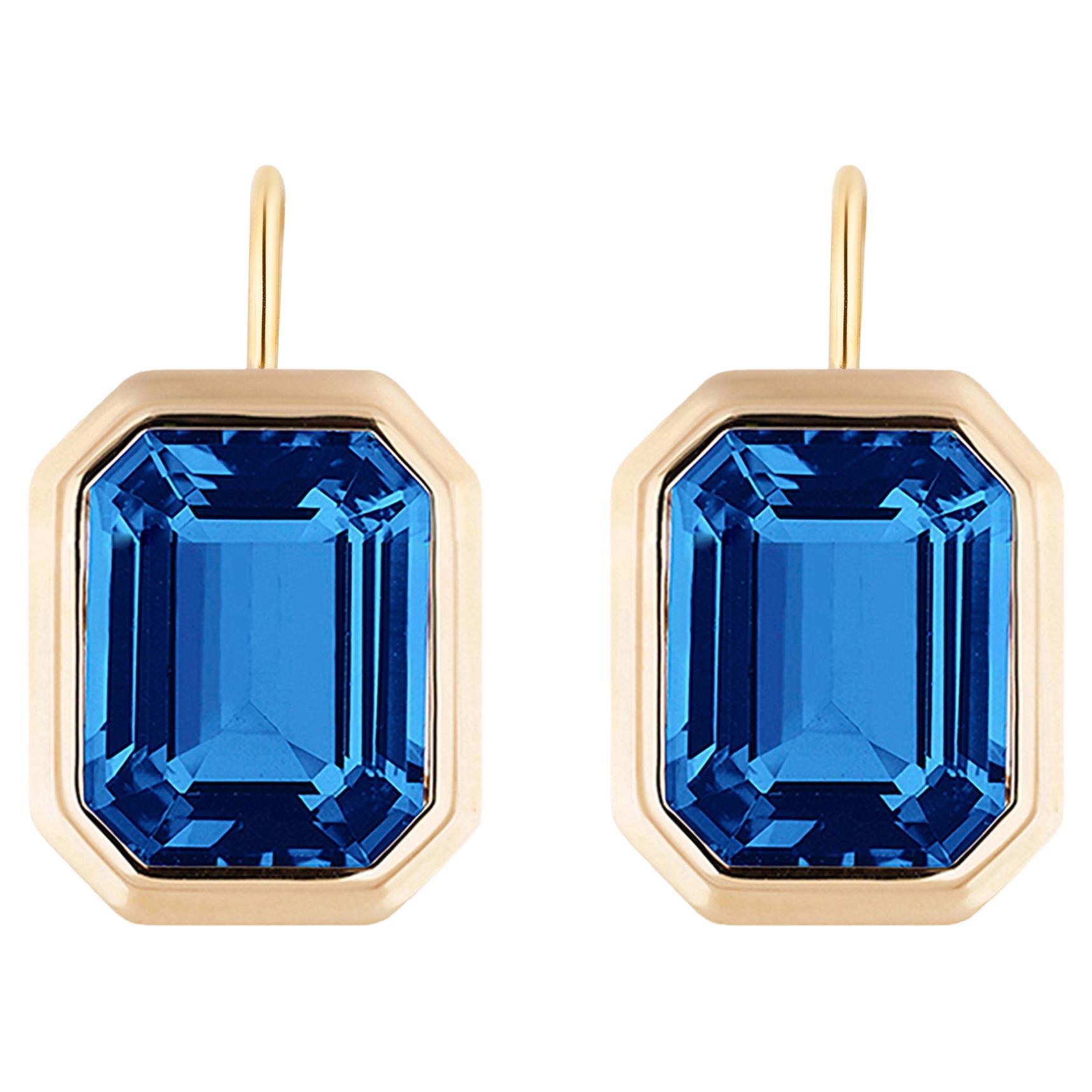 Goshwara London Blue Topaz Emerald Cut Bezel Set on Wire Earrings  For Sale