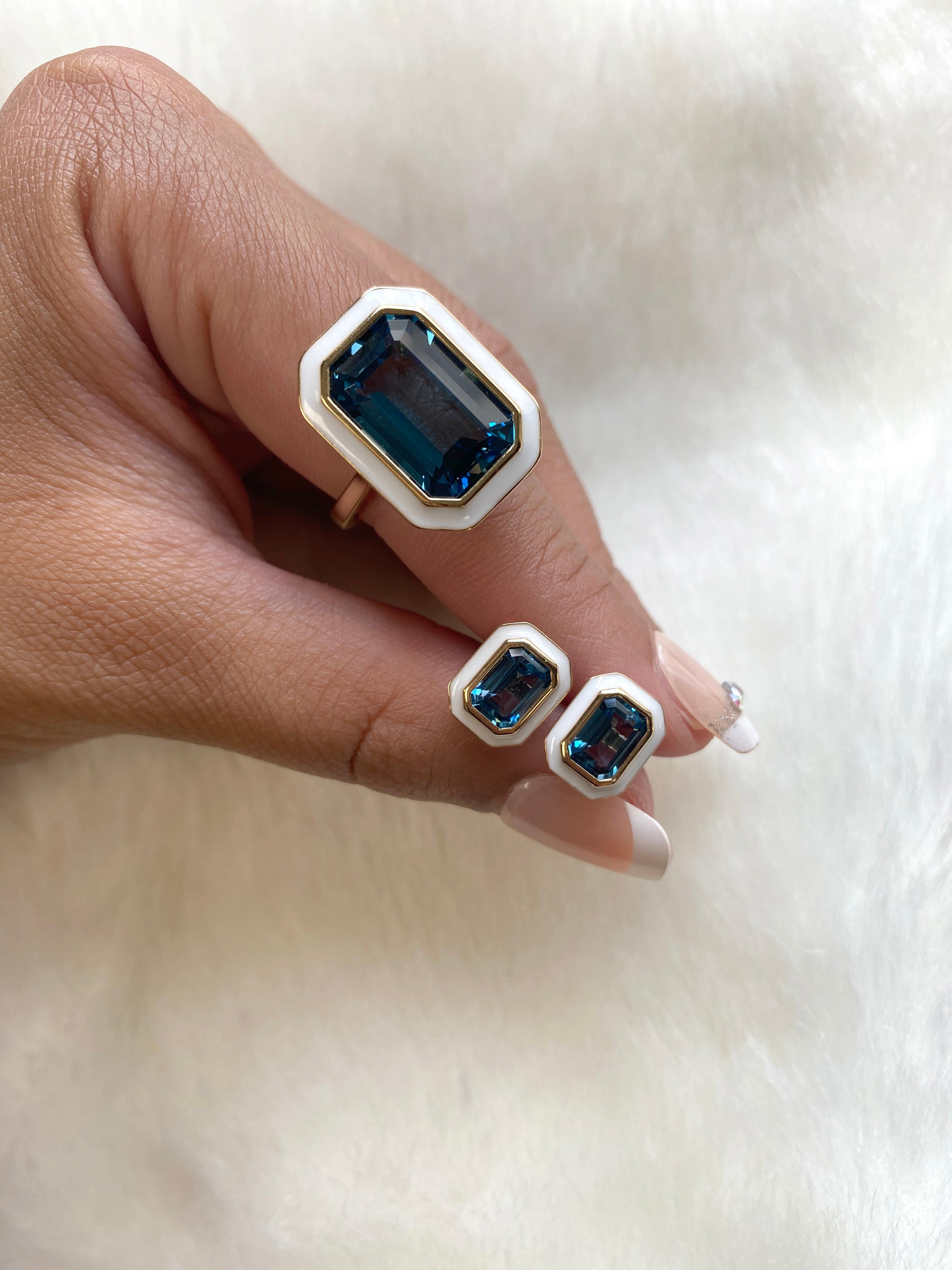 This is a unique combination of London Blue Topaz and White enamel. If you want to make a statement this is the perfect ring to do it!

A 10 x 15 mm London Blue Topaz Emerald cut ring in a bezel setting, with White enamel in the borders.

Gemstone: