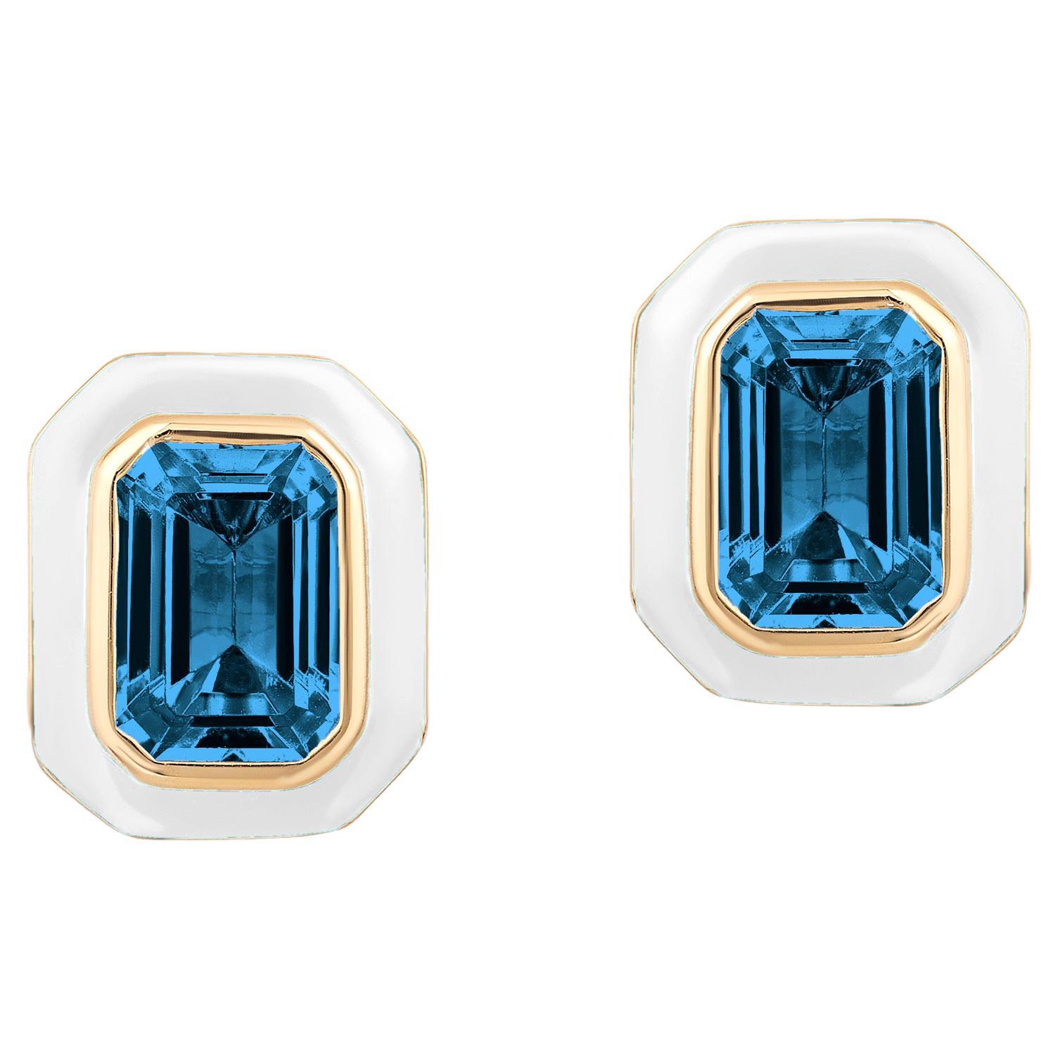 Goshwara London Blue Topaz Emerald Cut Studs with White Enamel Earrings For Sale