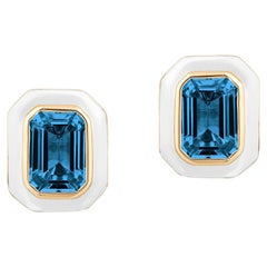 Goshwara London Blue Topaz Emerald Cut Studs with White Enamel Earrings