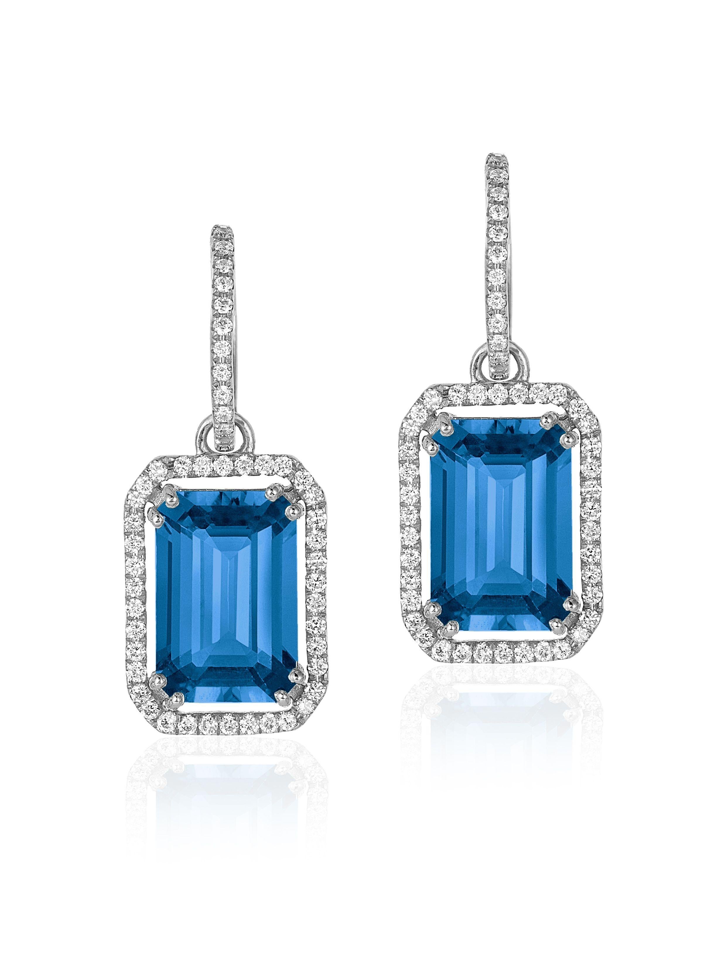 Gossip' London Blue Topaz Emerald Cut Earrings with Diamond Trim in 18K White Gold, from ‘Gossip’ Collection. Please allow 3-4 weeks for this item to be delivered.

Hoops can be worn separately 

Stone Size:  12 x 8 mm

Gemstone Approx. Wt: Topaz-