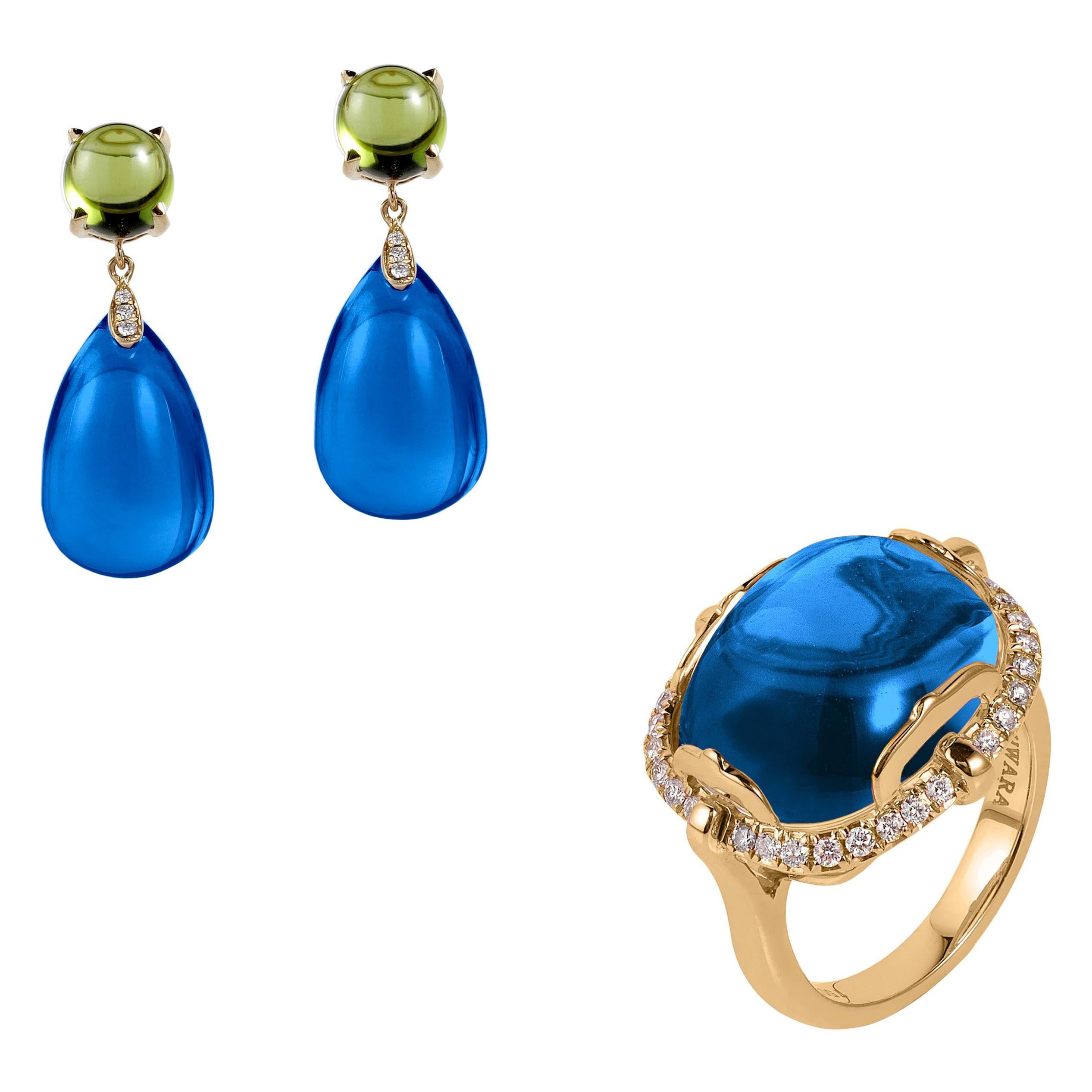 Goshwara London Blue Topaz-Peridot Cabochon Drop Earrings & Cabochon Ring For Sale