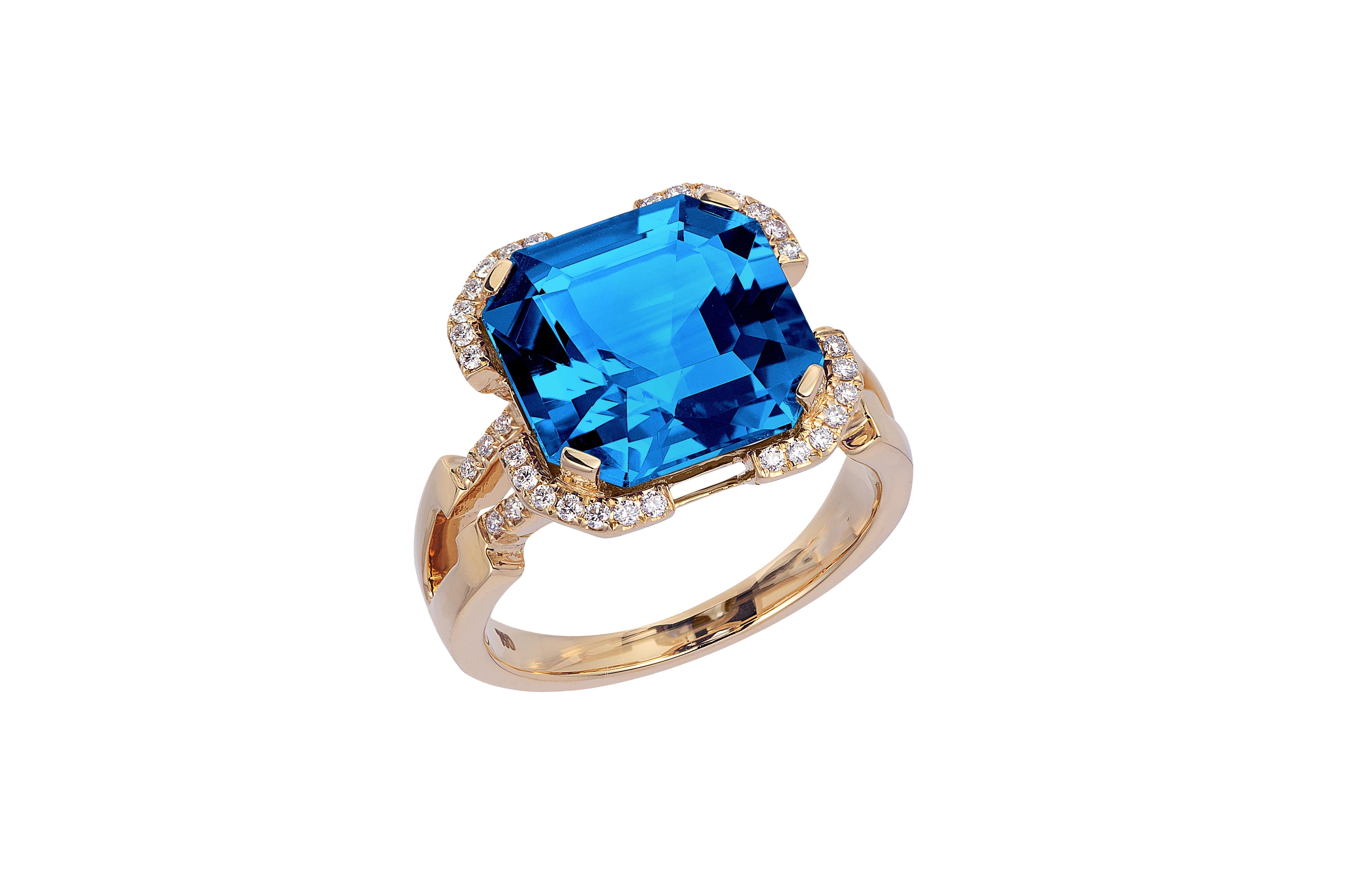 London Blue Topaz Square Emerald Cut Ring in 18K Yellow Gold with Diamonds, from 