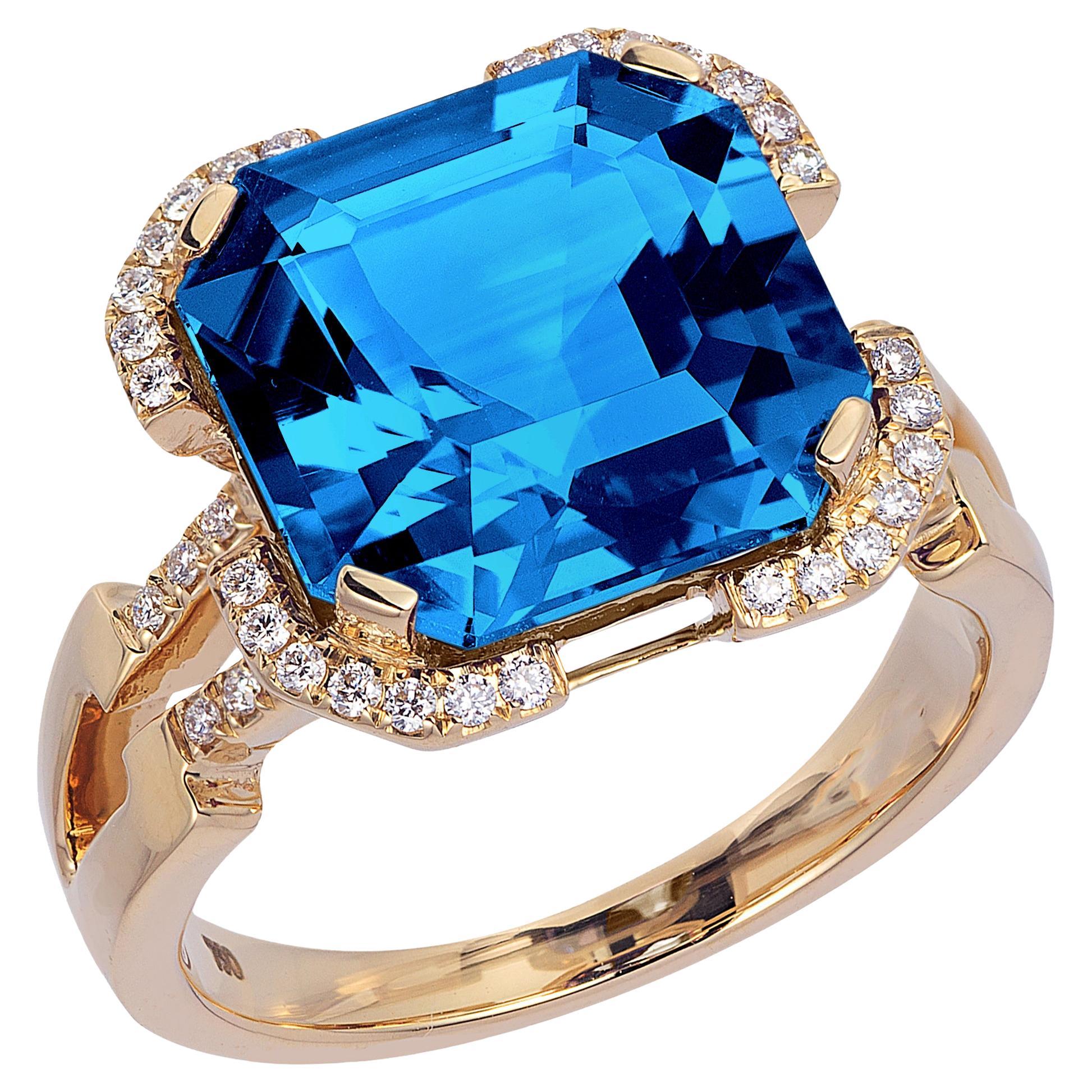Goshwara London Blue Topaz Square Emerald Cut with Diamonds Ring For Sale