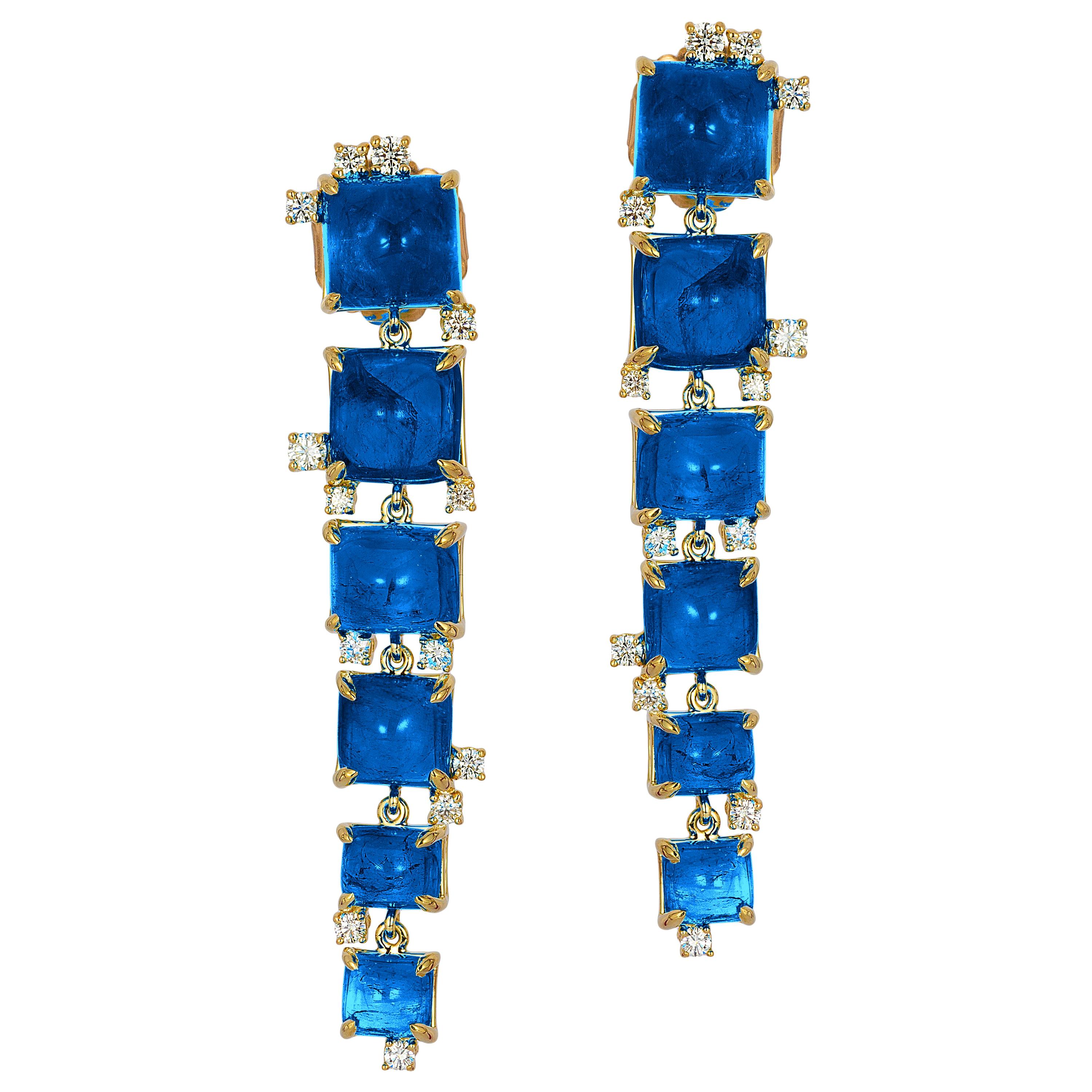 Goshwara London Blue Topaz Sugarloaf Cascade and Diamond Earrings
