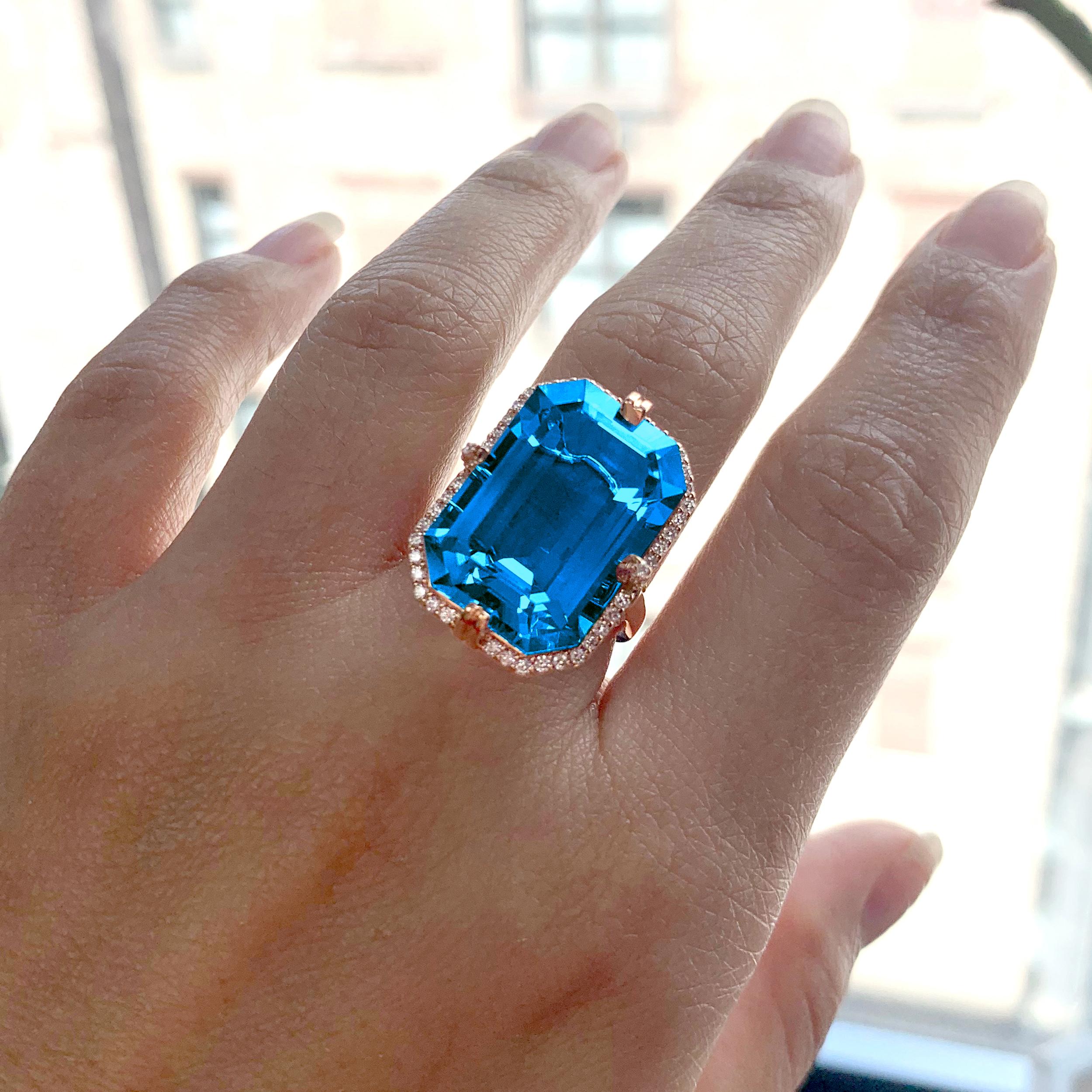 London Blue Topaz Emerald Cut Ring with Diamonds in 18K Yellow Gold, From 'Gossip' Collection

Stone Size: 20 x 14 mm 

Gemstone Approx Wt: London Blue Topaz - 21.66 Carats

Diamonds: G-H / VS, Approx Wt: 0.41 Carats