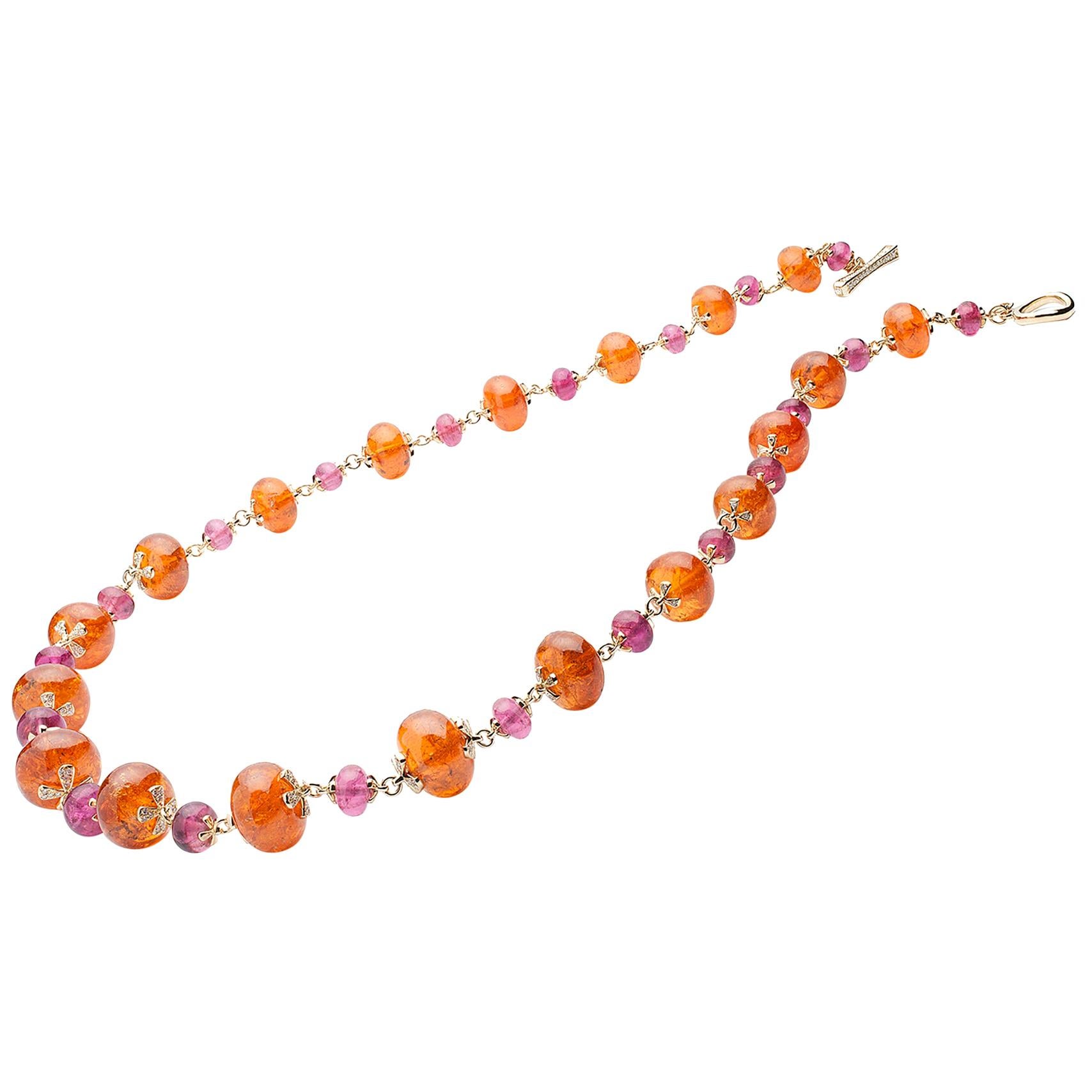 Goshwara Mandarin Garnet and Tourmaline Beads Necklace For Sale