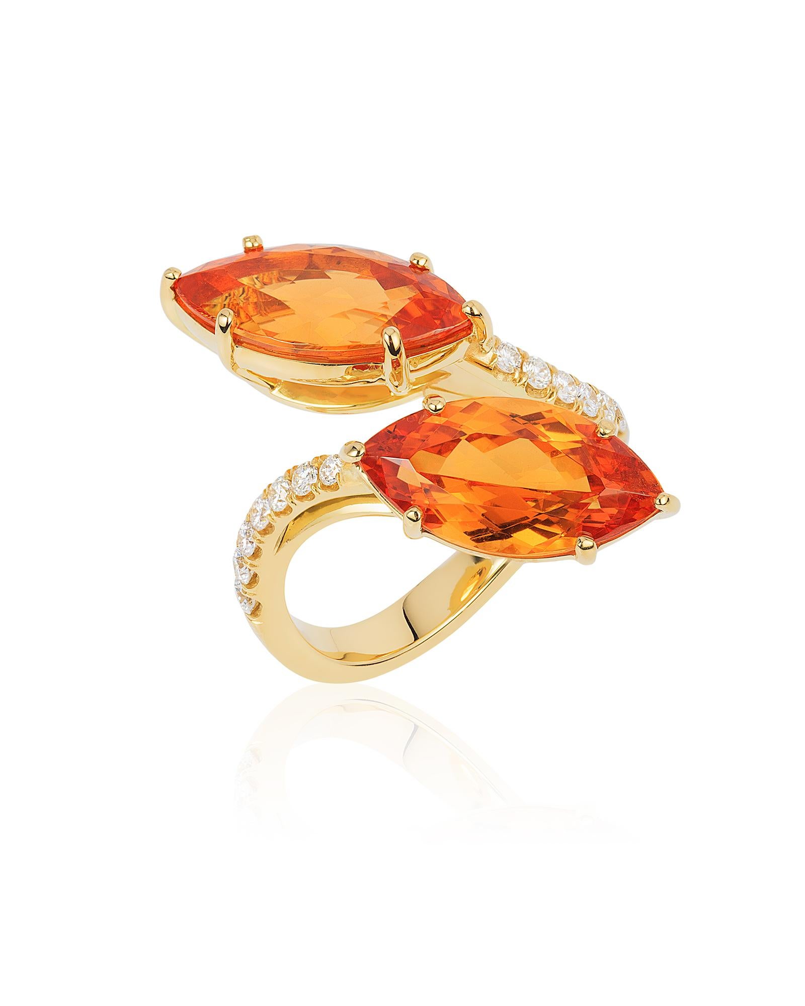 Mandarin Garnet Marquise Twin Ring in 18K Yellow Gold with Diamonds, from 'G-One' Collection. Our G-One Collection undeniably carries the most special pieces of Goshwara. The sought-after, one-of-a-kind pieces speak to each unique personality of the