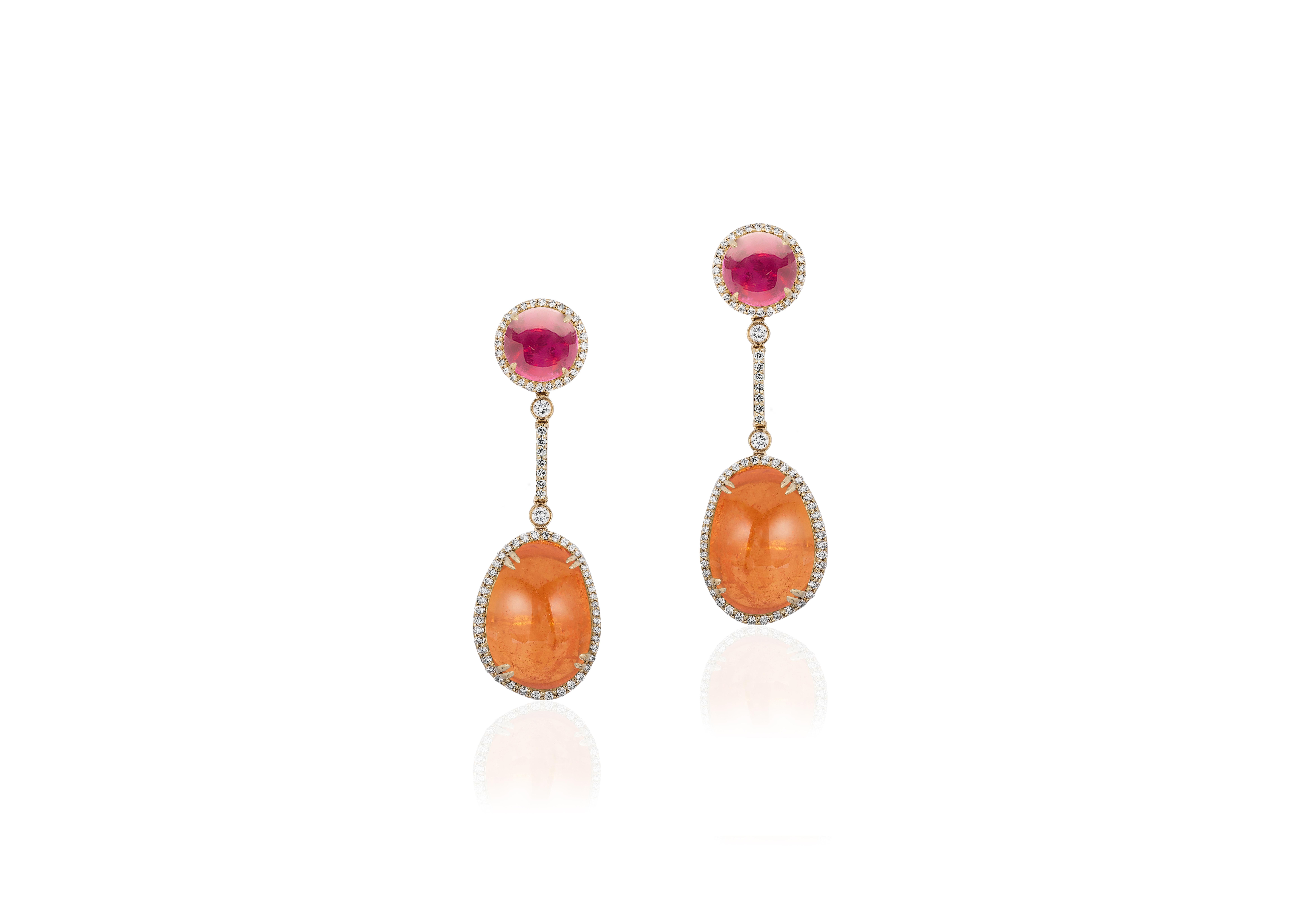 Mandarin Garnet Tumble and Long Rubelite Cabochon Earrings with Diamond Bar in 18K Yellow Gold, from 'G-One' Collection.

Stone Size: 8 - 13 x 10.5 mm

Approx. Wt: 23.65 Carats (Mandarin Garnet), 3.62 Carats (Rubelite)

Diamonds: G-H / VS, Approx.