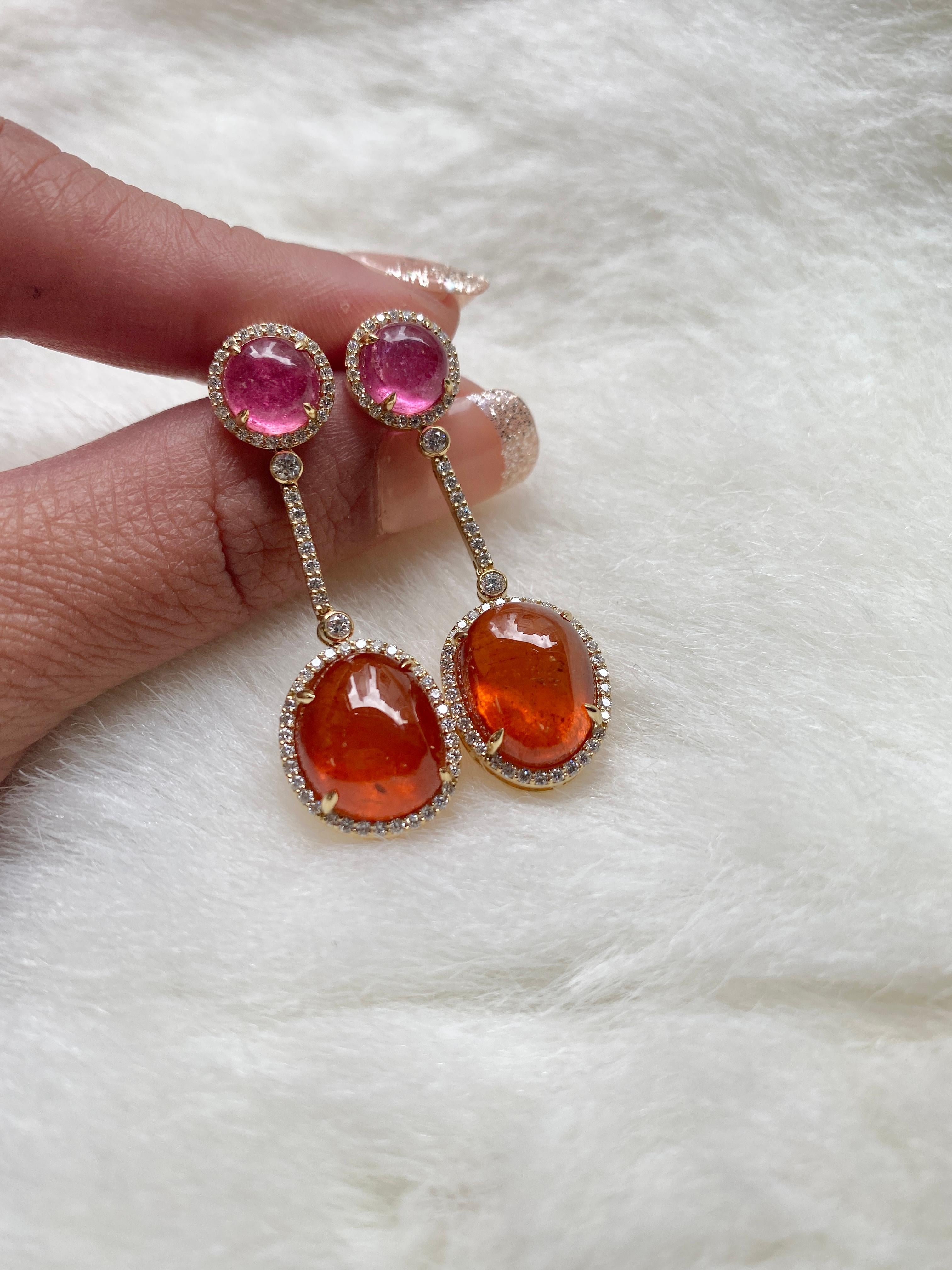 Contemporary Goshwara Mandarin Garnet Tumble and Rubelite Cabochon with Diamond Earrings