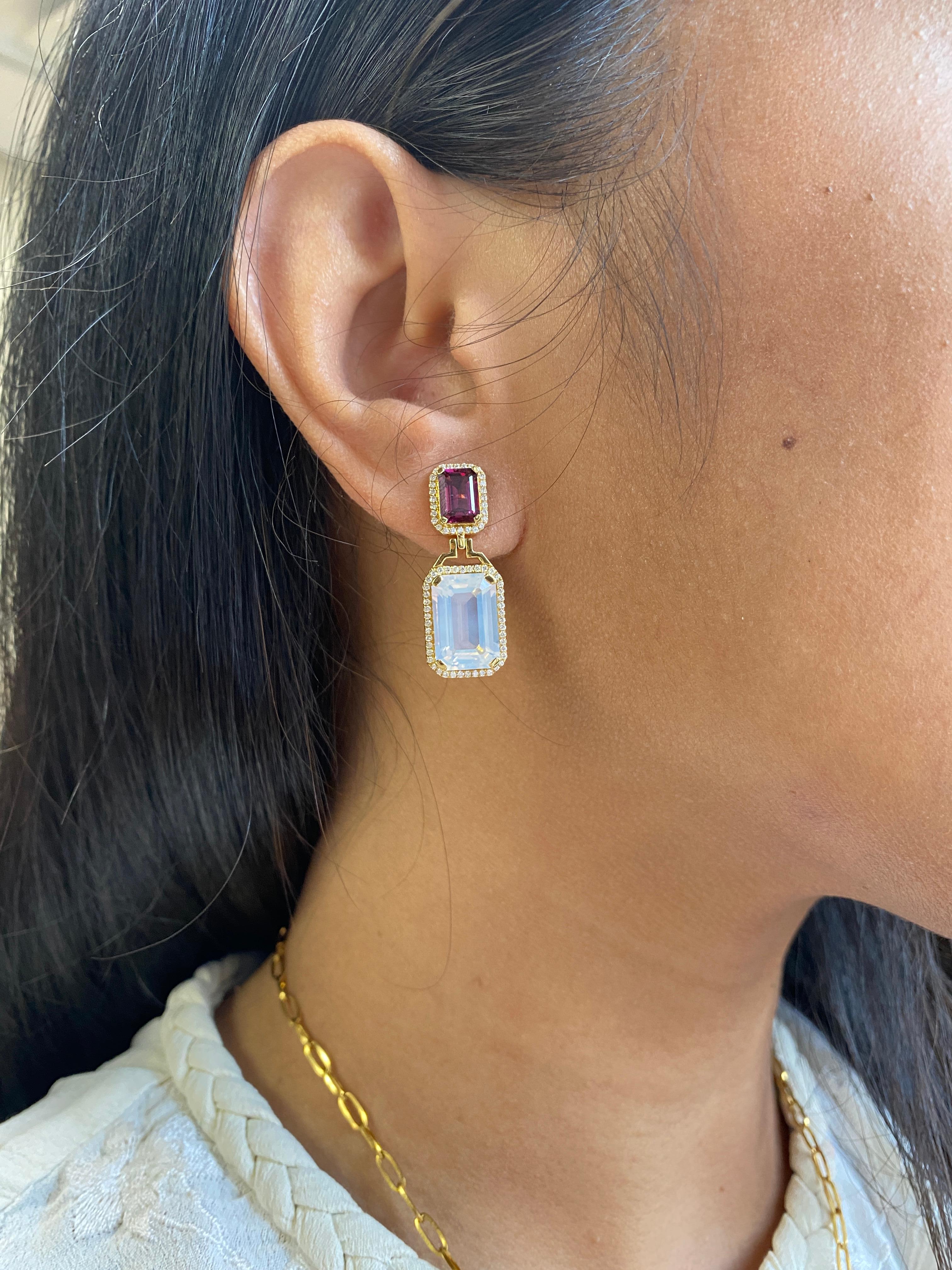 Women's Goshwara Moon Quartz and Garnet Emerald Cut Earrings For Sale