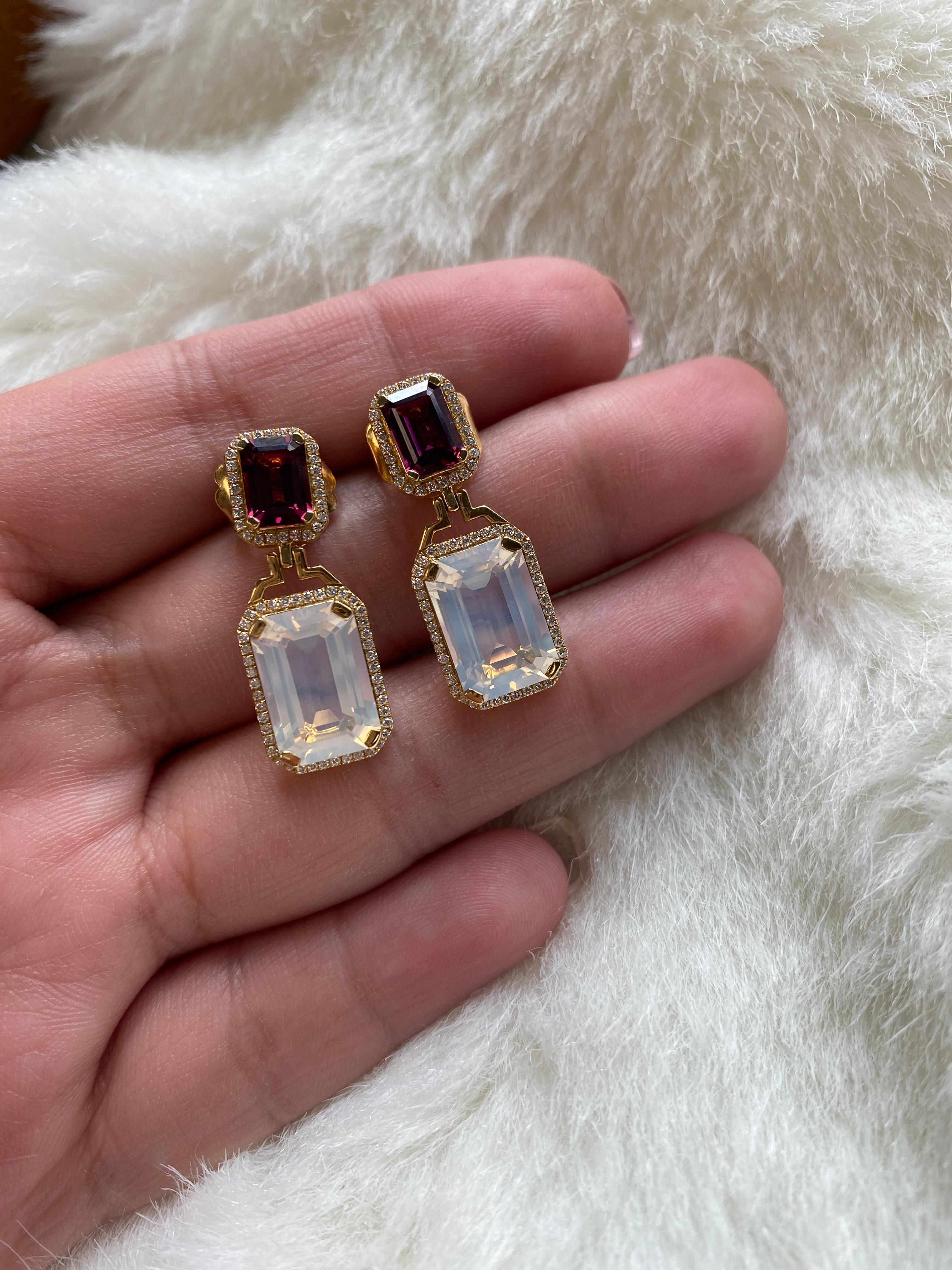Goshwara Moon Quartz and Garnet Emerald Cut Earrings For Sale 1