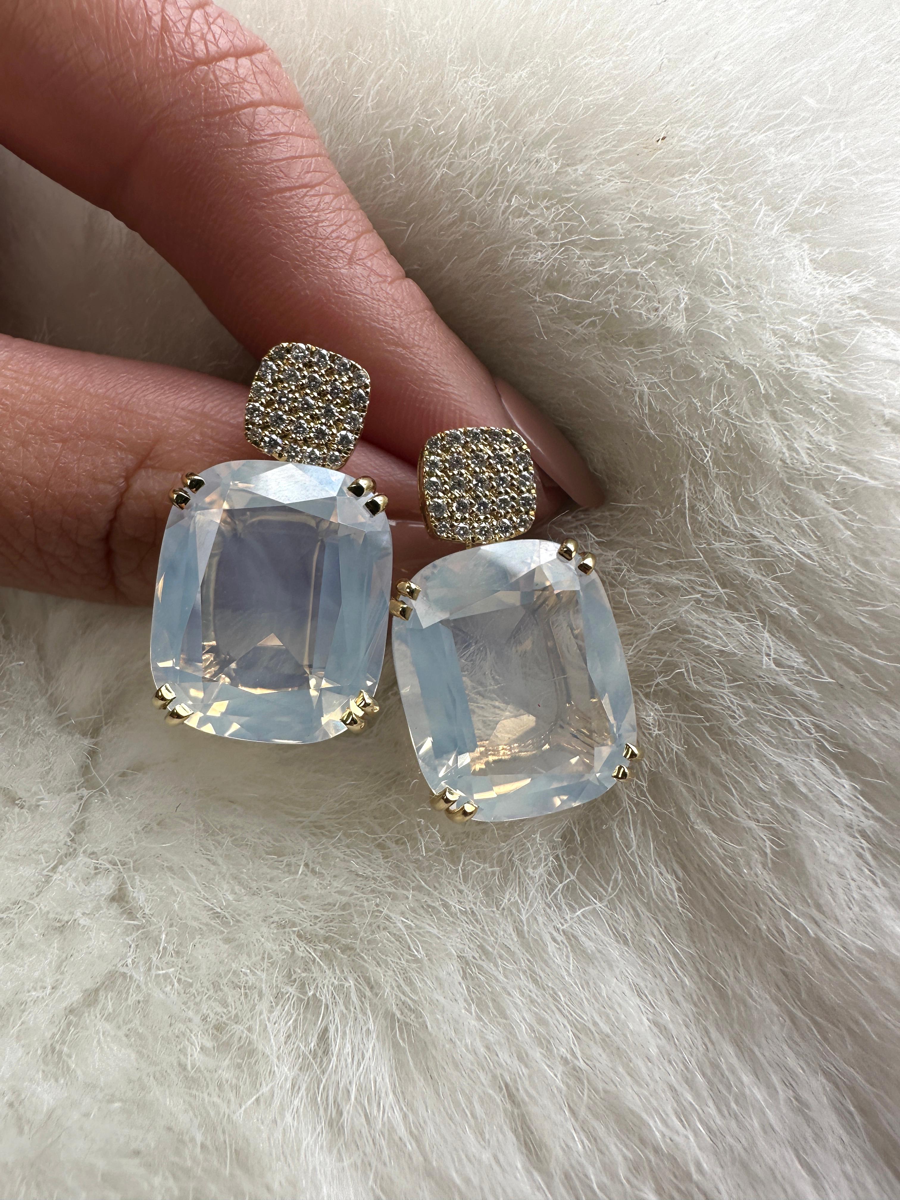Introducing the stunning Moon Quartz Cushion & Diamonds Earrings from our popular 'Gossip' Collection. 
The focal point of these earrings is the mesmerizing moon quartz cushion-cut gemstone. The cushion-cut shape adds a touch of vintage charm, while