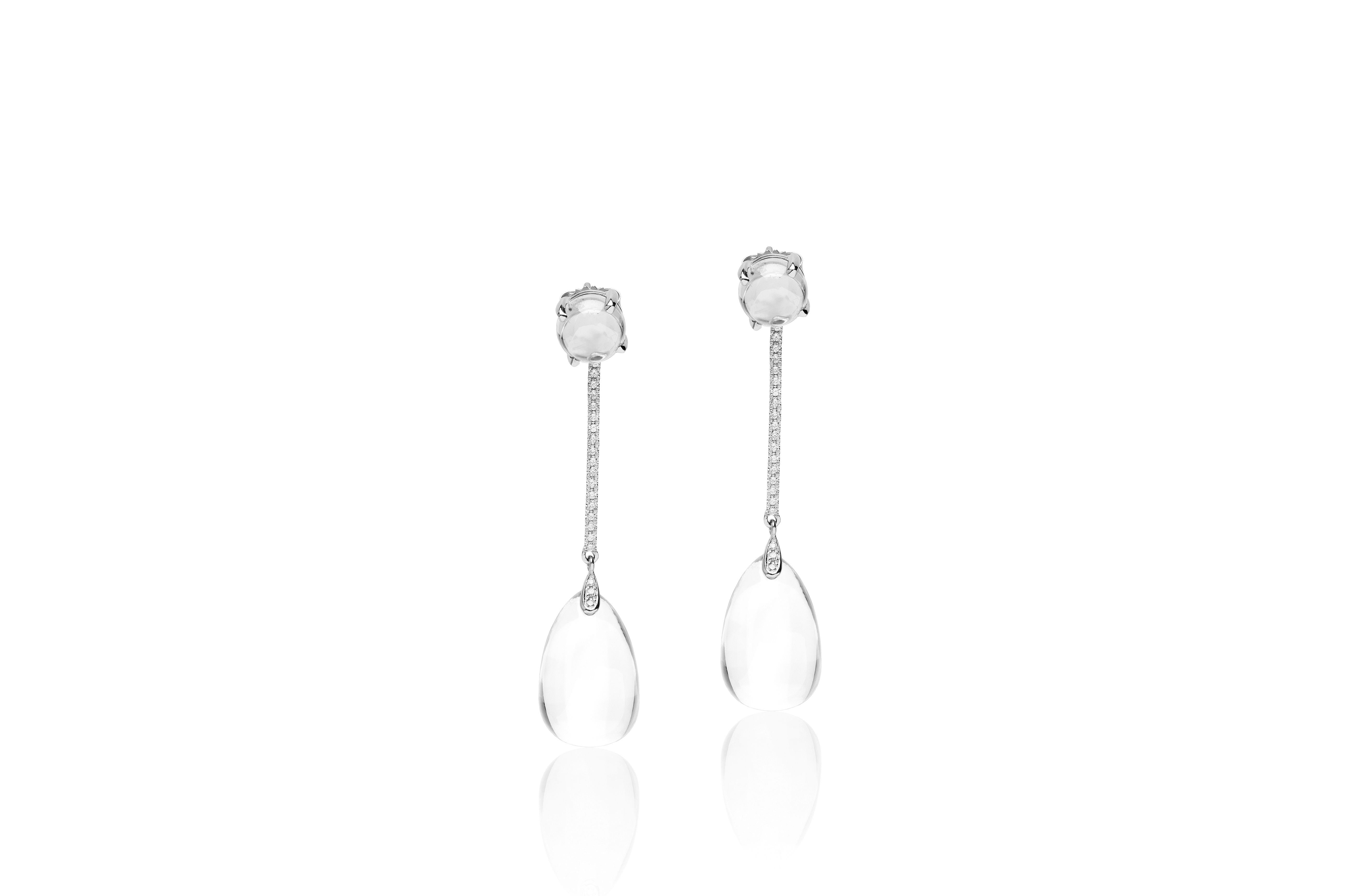 Moon Quartz Long Drop Earrings with Diamonds in 18K Yellow Gold from 'Naughty' Collection
 Stone Size: 19 x 12 mm & 8 mm
 Diamonds: G-H / VS, Approx Wt:0.28 Cts