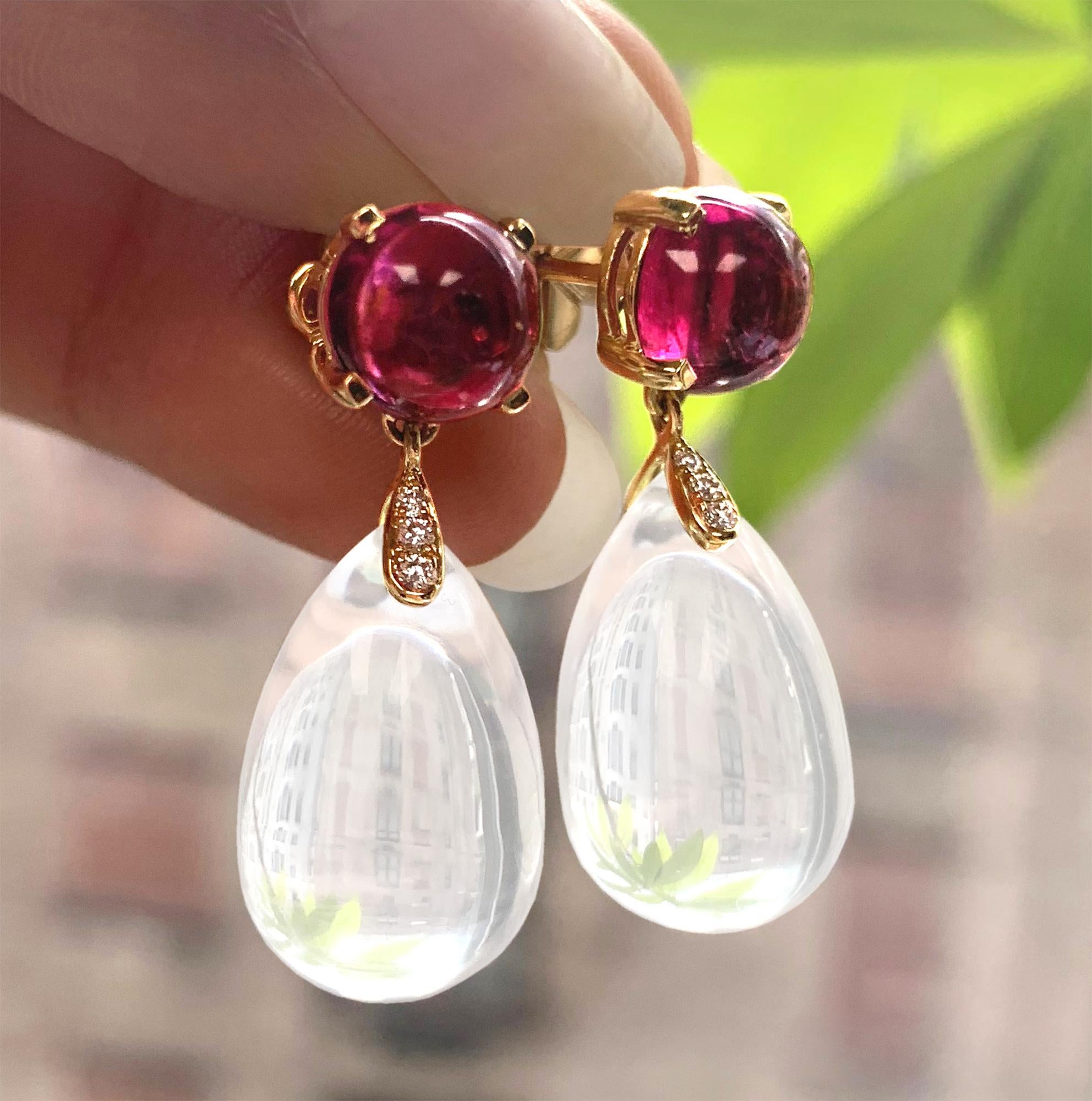 Contemporary Moon Quartz Drop and Garnet Cabochon with Diamond Earrings