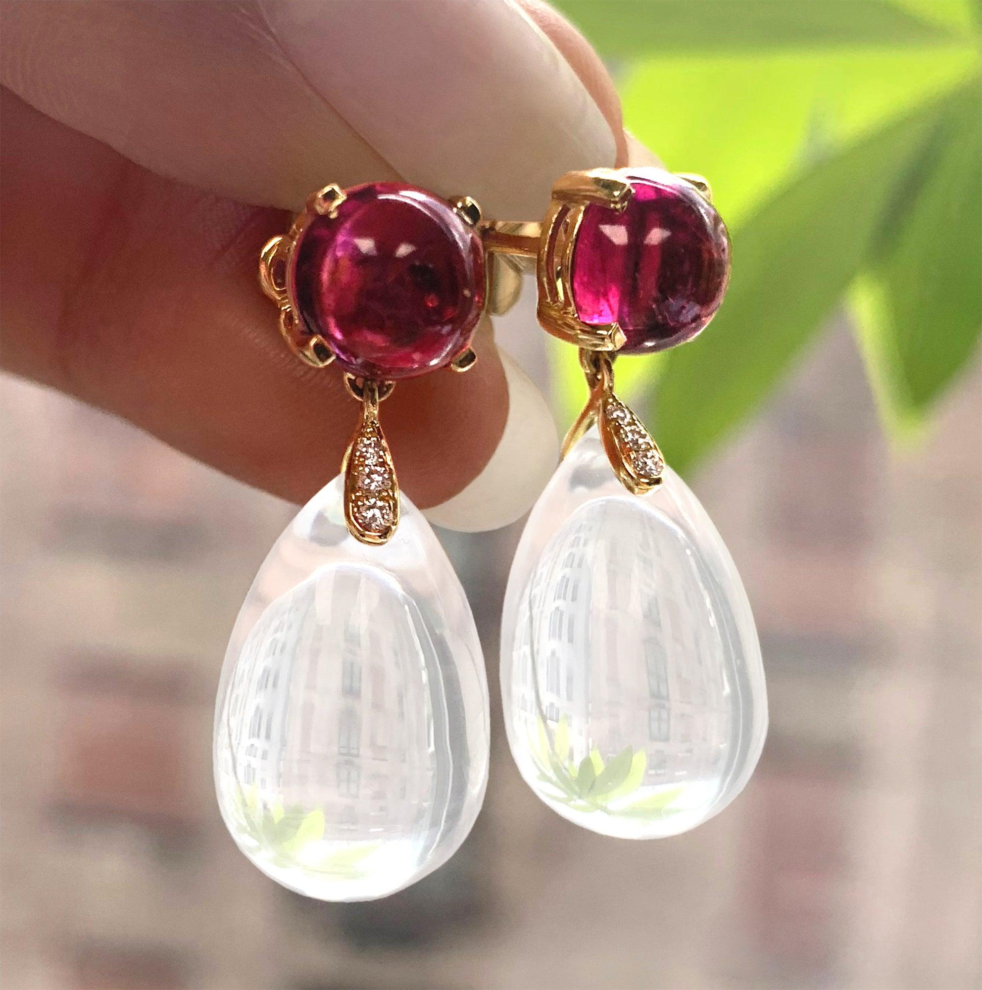 Moon Quartz Drop and Garnet Cabochon with Diamond Earrings In New Condition For Sale In New York, NY