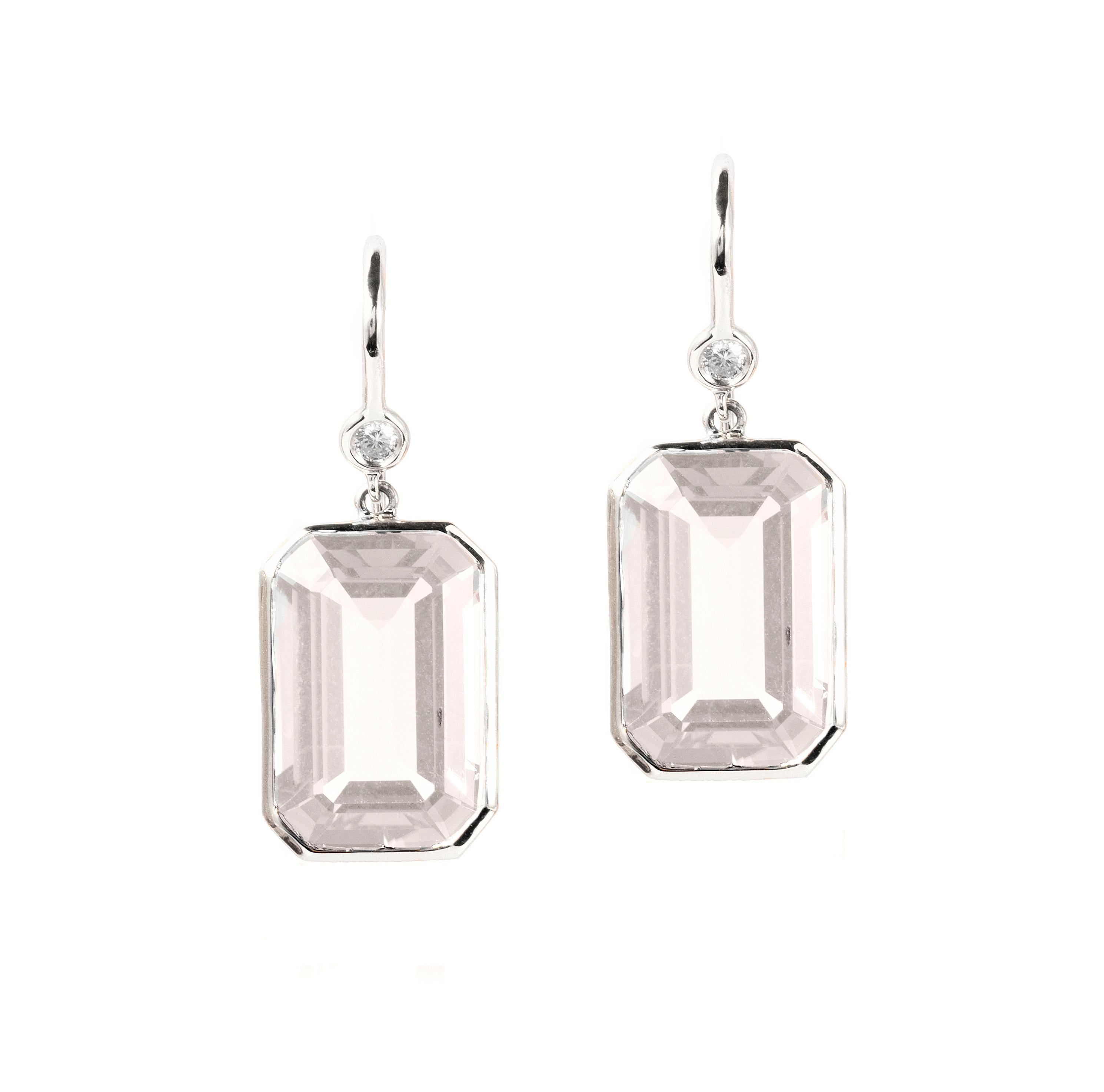 Moon Quartz Emerald cut Earrings with Diamonds on Wire in 18K White Gold from 'Gossip' Collection
 Stone Size: 10 x 15 mm 
 Diamonds: G-H / VS, Approx Wt:0.09 Cts